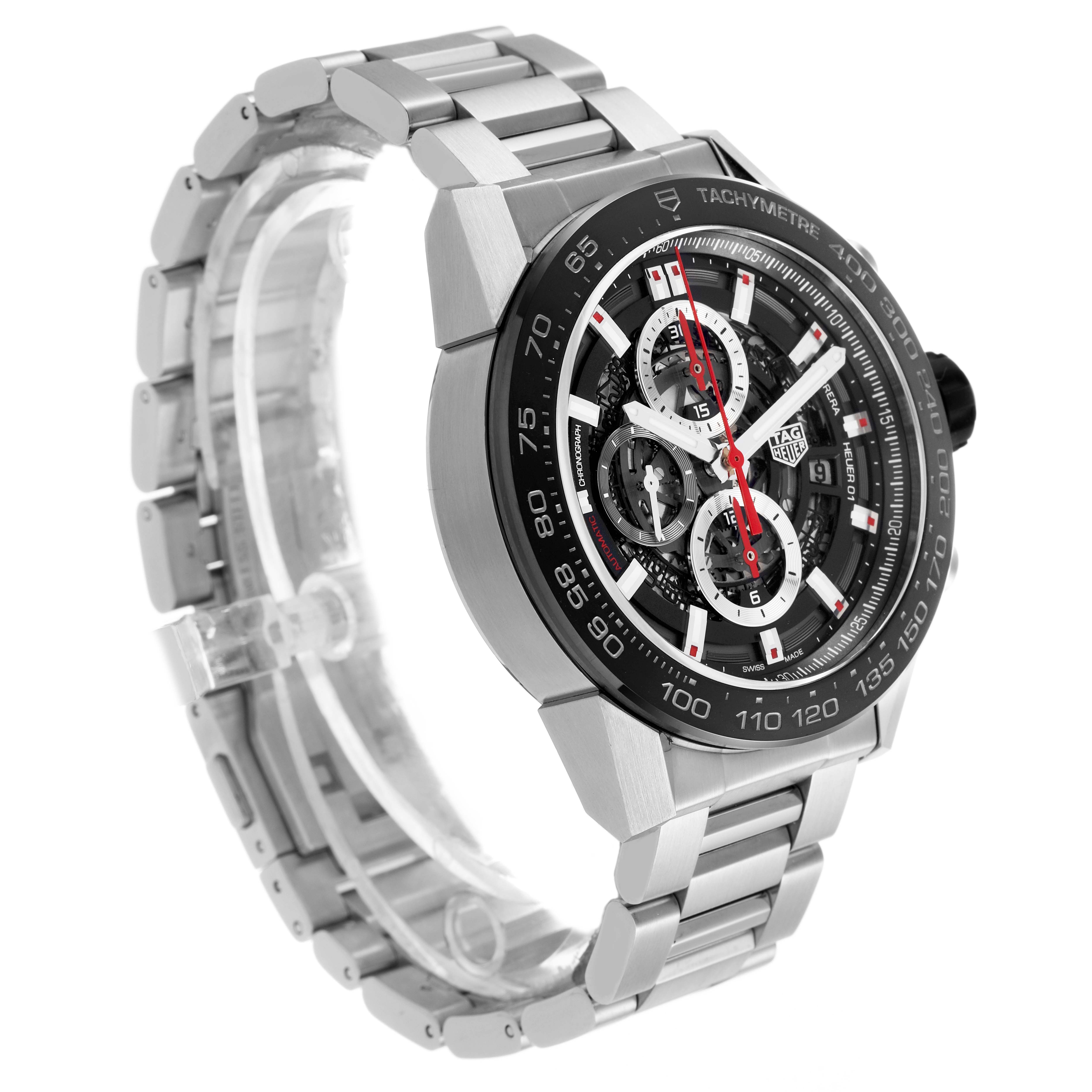 The Tag Heuer Carrera CAR2A1W.BA0703 Men's Stainless Steel Transparent Dial watch is shown at an angle, revealing the side profile, bracelet, bezel, and detailed face.