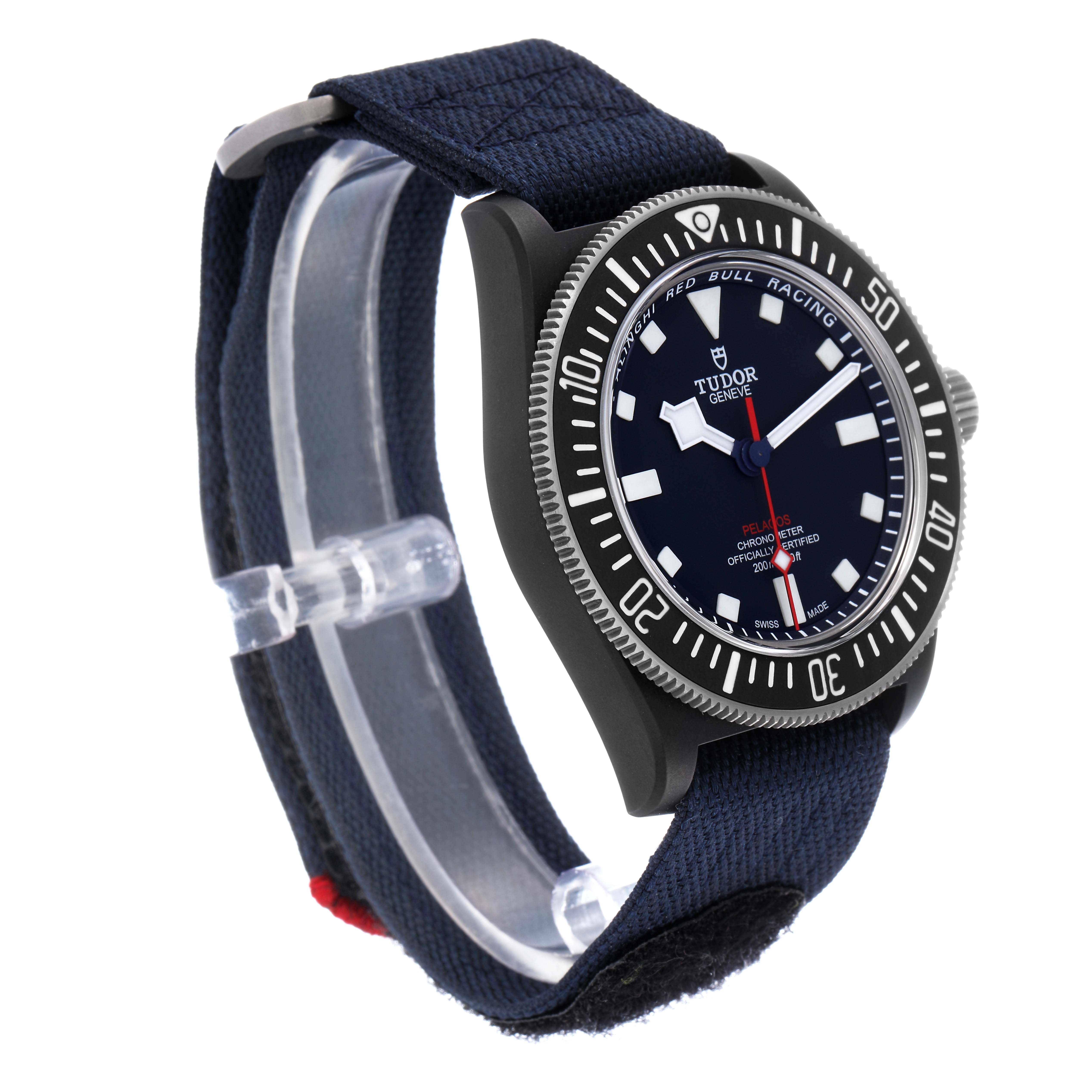 The Tudor Pelagos M25707KN-0001 Men
s Stainless Steel Blue Dial M25707KN-0001 Men
s Stainless Steel Blue Dial watch is shown at an angled side view, displaying the dial, bezel, and part of the strap.