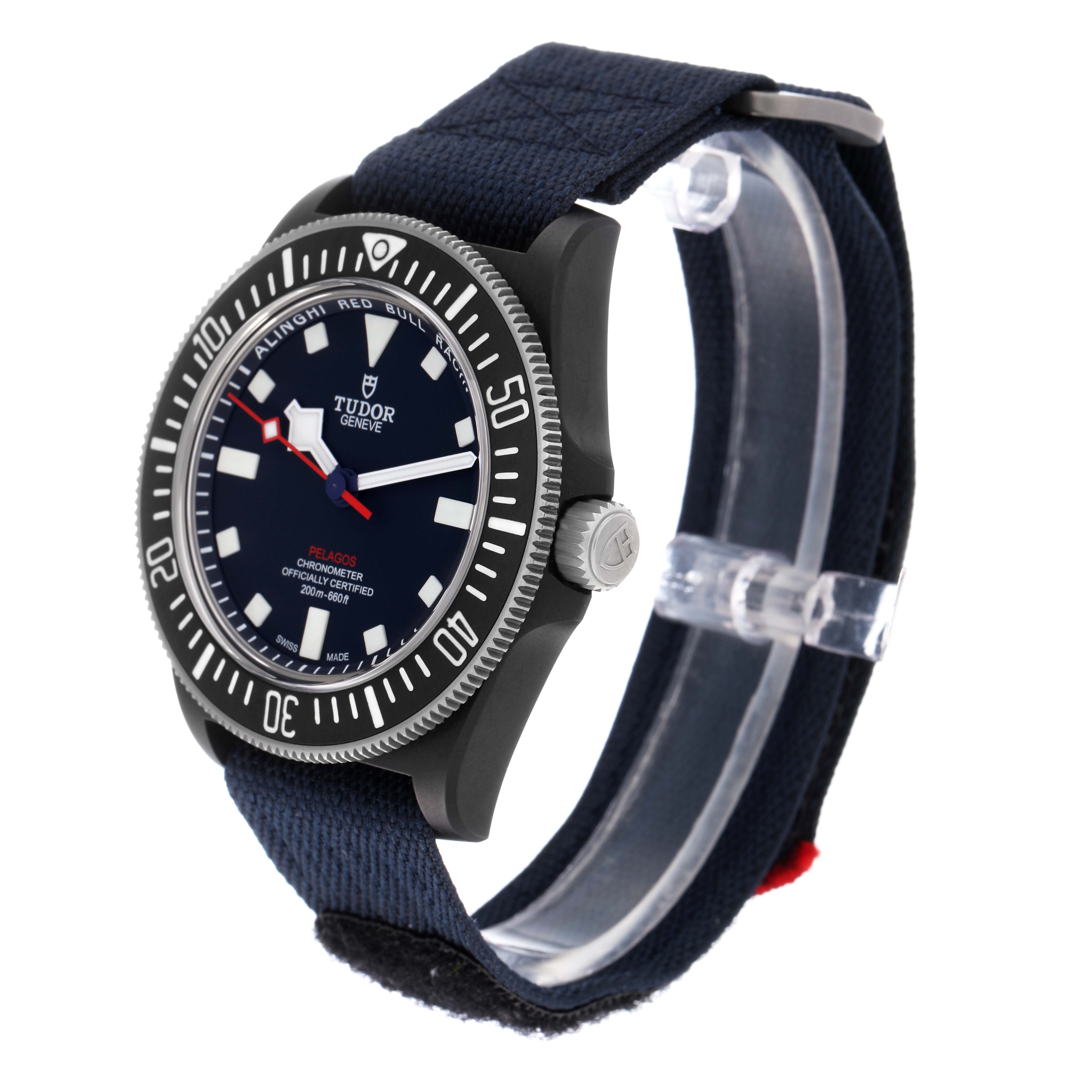 The Tudor Pelagos M25707KN-0001 Men
s Stainless Steel Blue Dial M25707KN-0001 Men
s Stainless Steel Blue Dial watch is shown at a three-quarter angle, displaying the face, bezel, case, crown, and fabric strap.