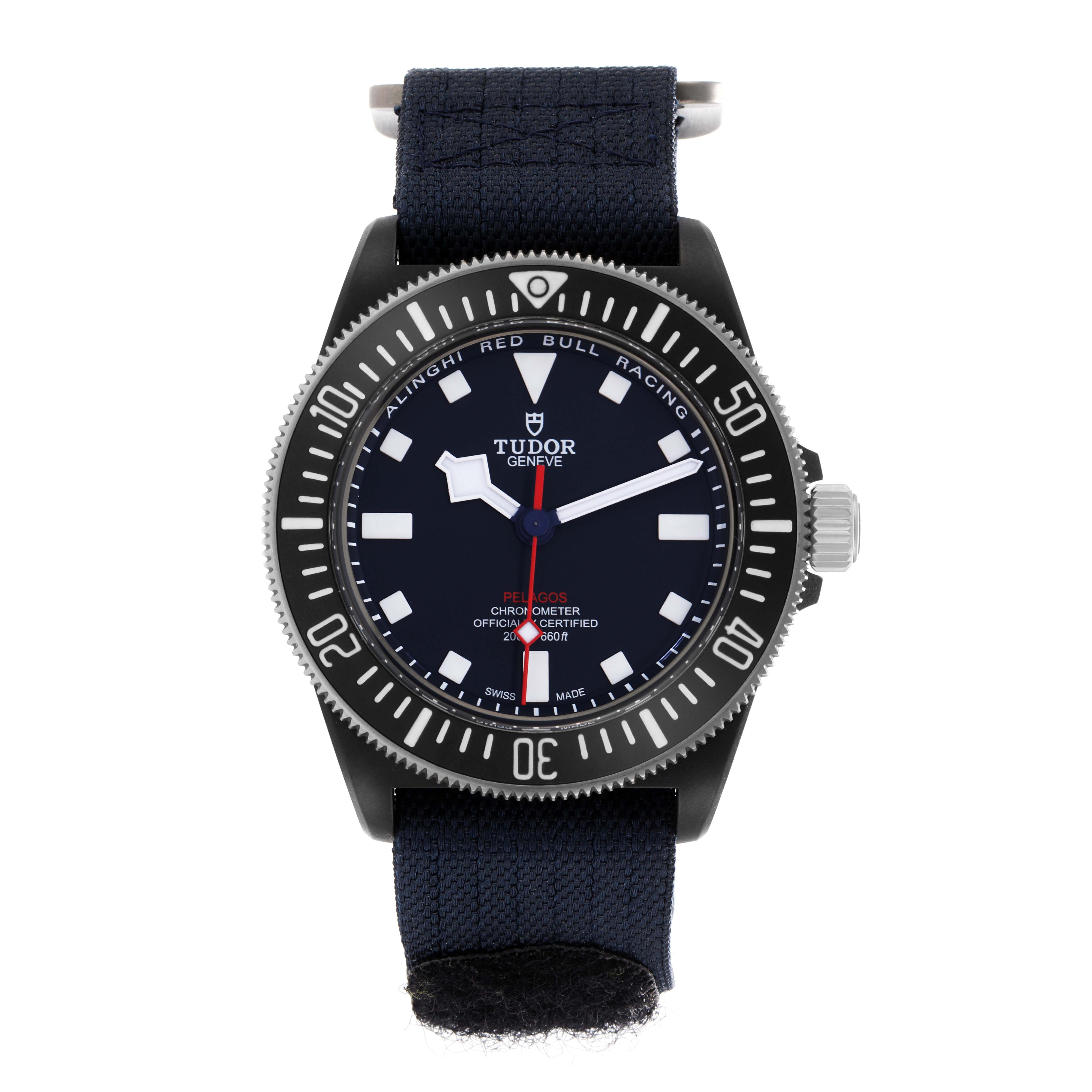 The Tudor Pelagos M25707KN-0001 Men
s Stainless Steel Blue Dial M25707KN-0001 Men
s Stainless Steel Blue Dial watch is shown from a front view, displaying the face, bezel, and strap.