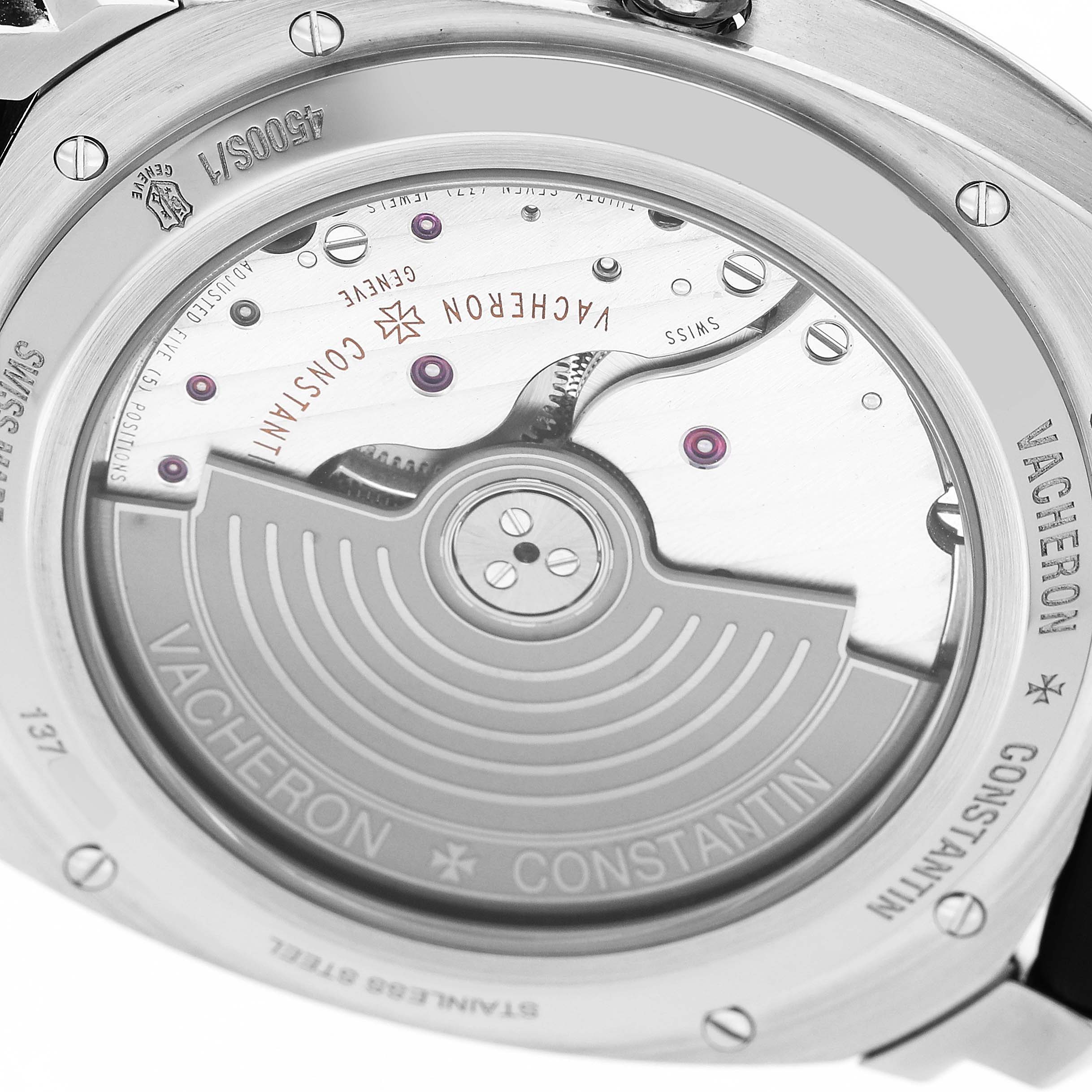 The image shows the back view of the Vacheron Constantin Quai de l'Ile watch, highlighting its movement and engravings.