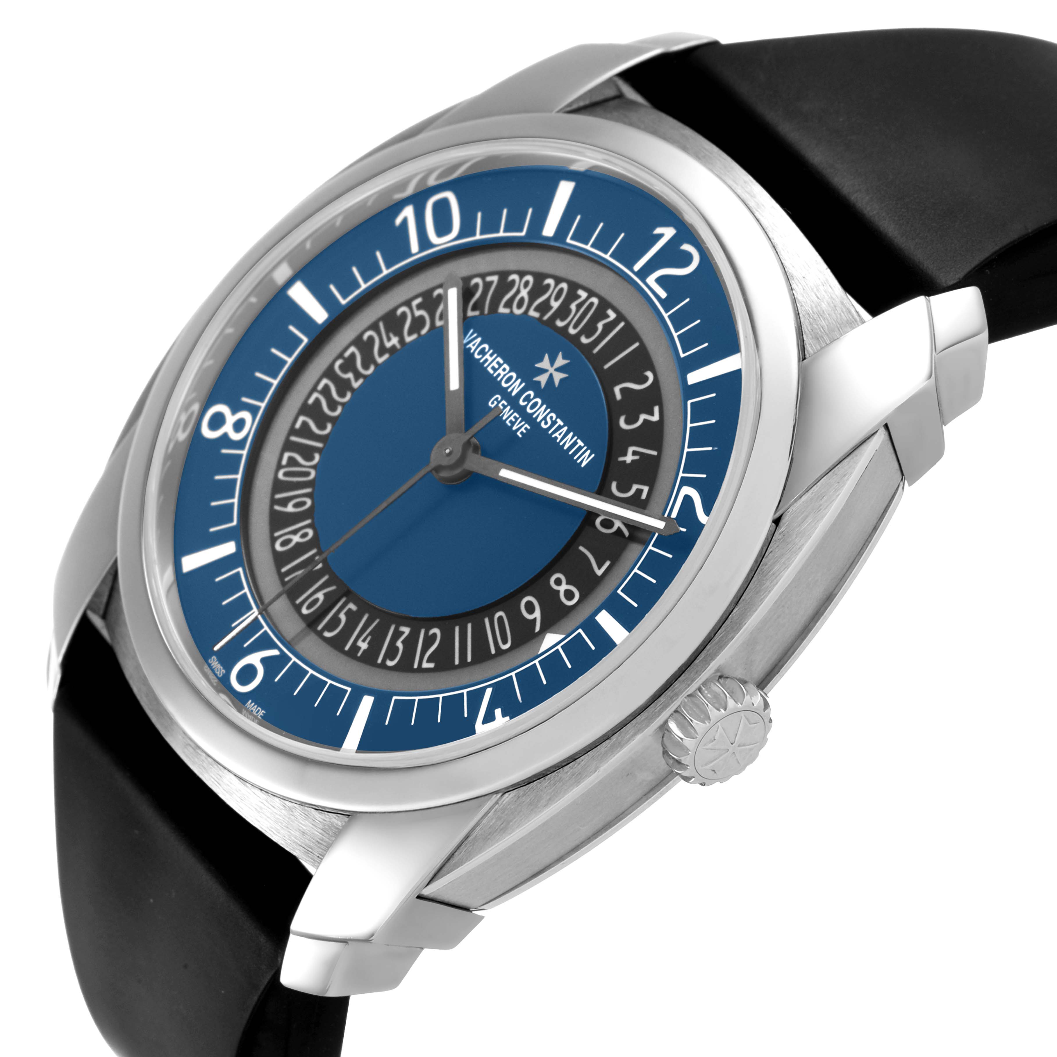 The Vacheron Constantin Quai de L'ile is shown at an angled side view, highlighting the dial, case, and crown.