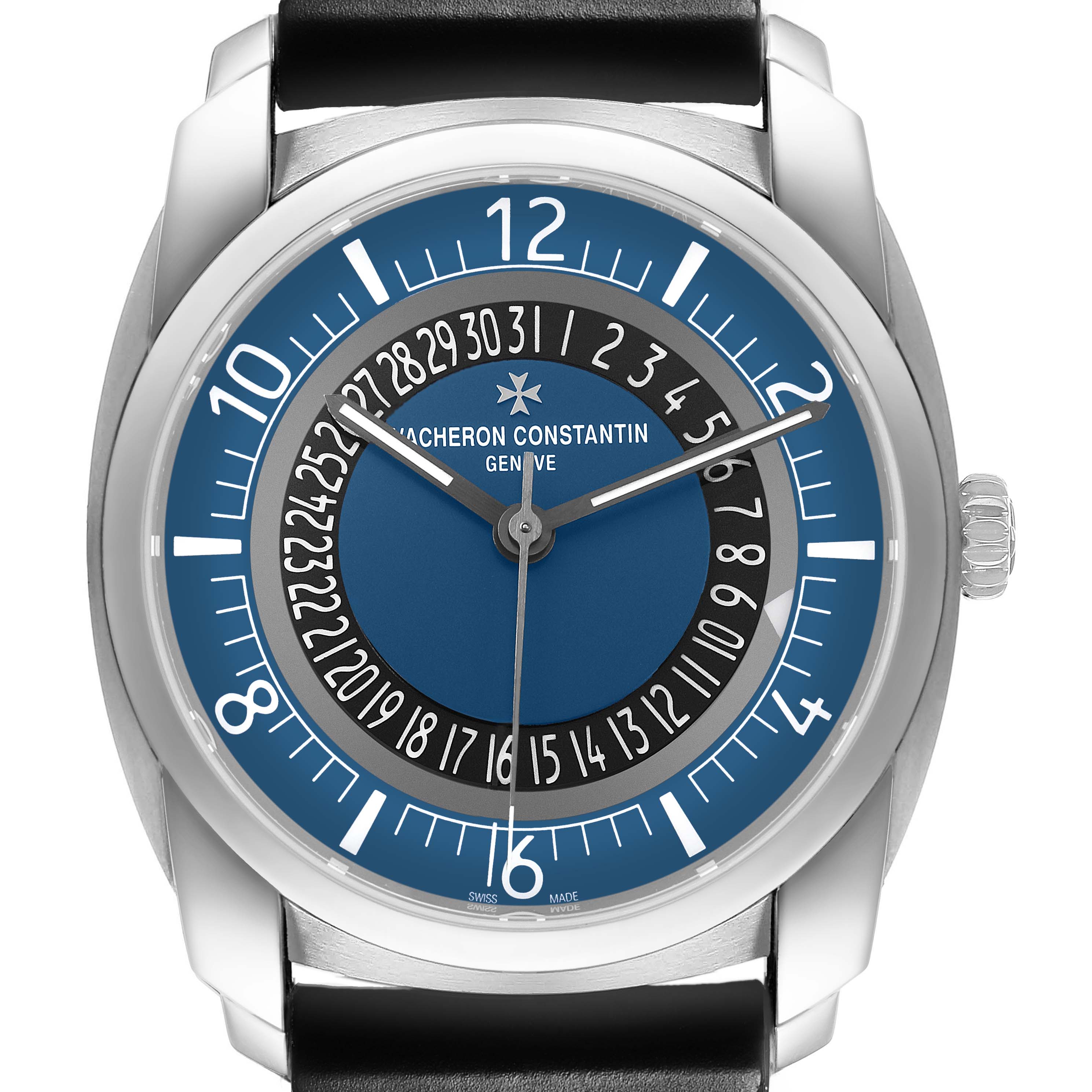 The Vacheron Constantin Quai de l'Ile watch is shown from a front angle, highlighting its blue dial, hour markers, and date display.