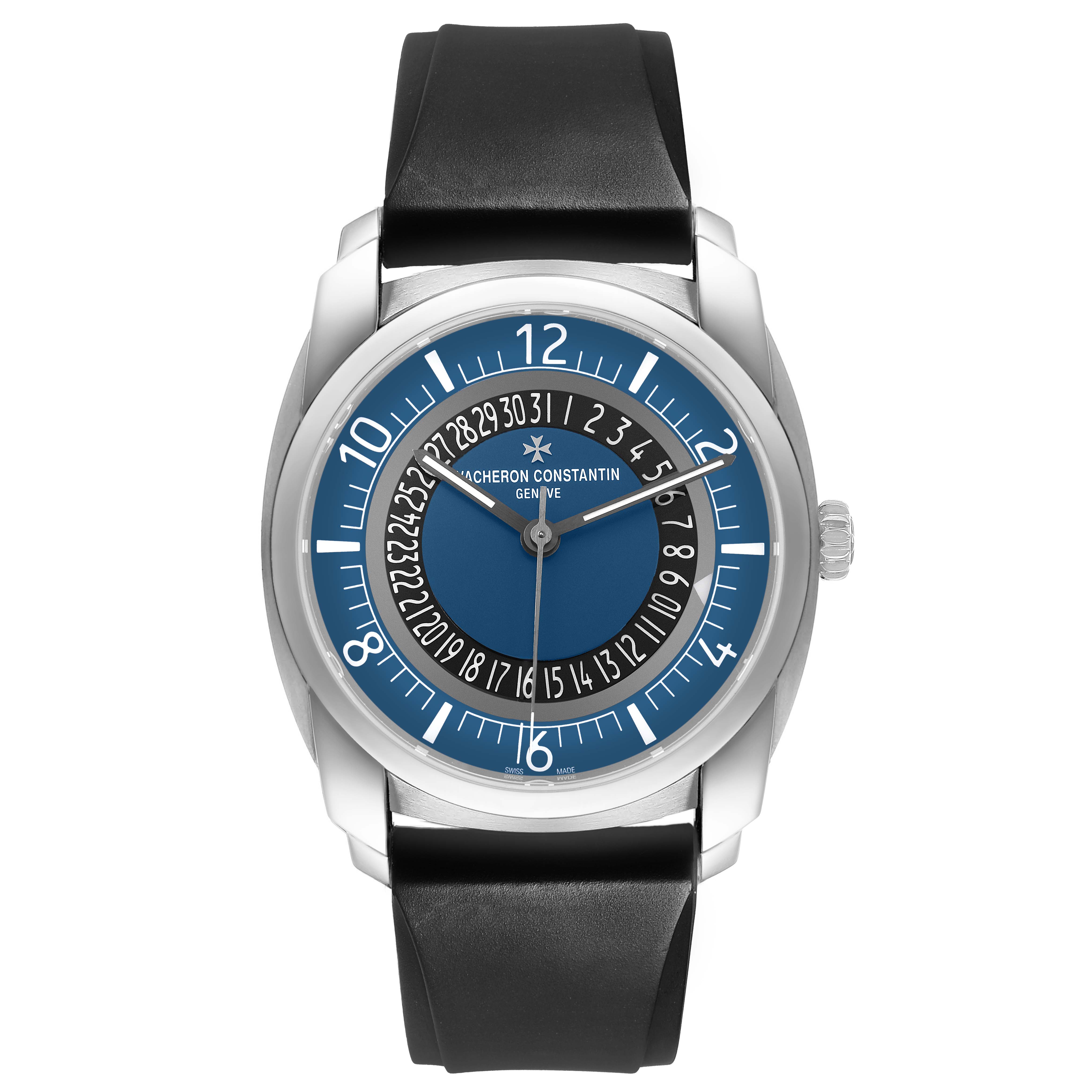The Vacheron Constantin Quai de l'Ile watch is shown from a top-down angle, displaying the entire dial, bezel, case, and strap.