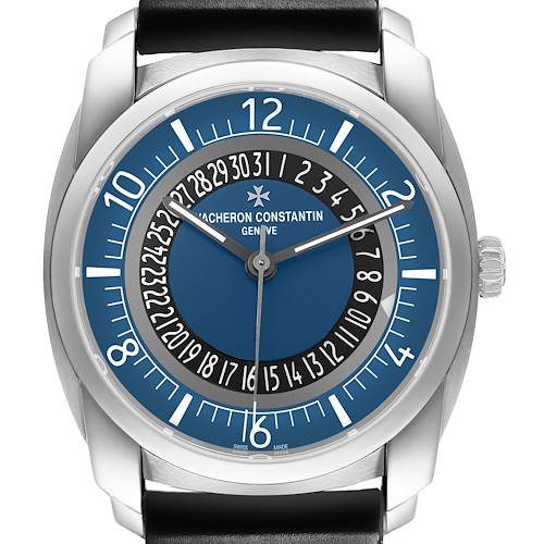The Vacheron Constantin Quai de L'Ile watch is shown from a front view, highlighting its dial, hands, and bezel.