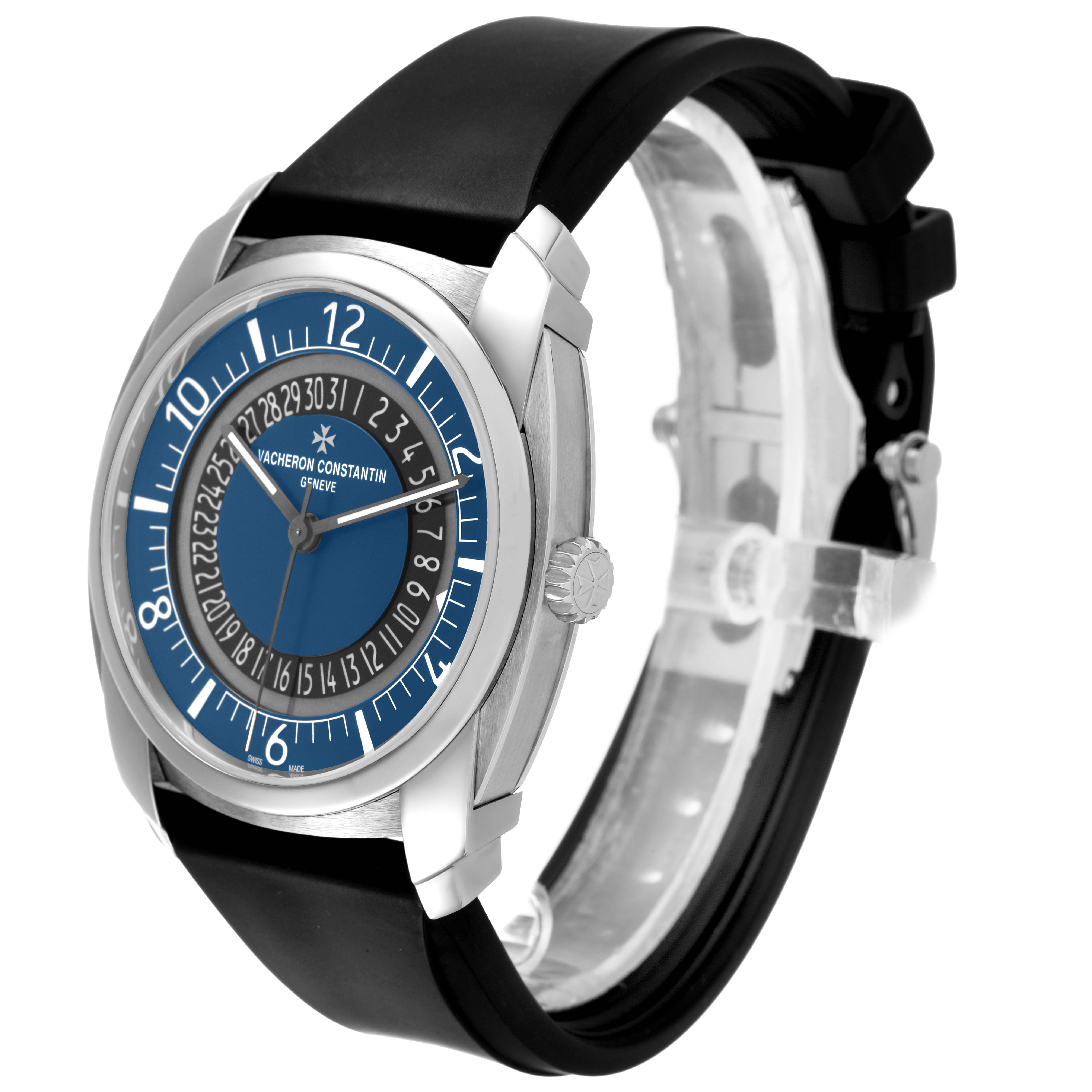The Vacheron Constantin Quai de l'Île watch is shown at a three-quarter angle, highlighting the face, case, crown, and strap.