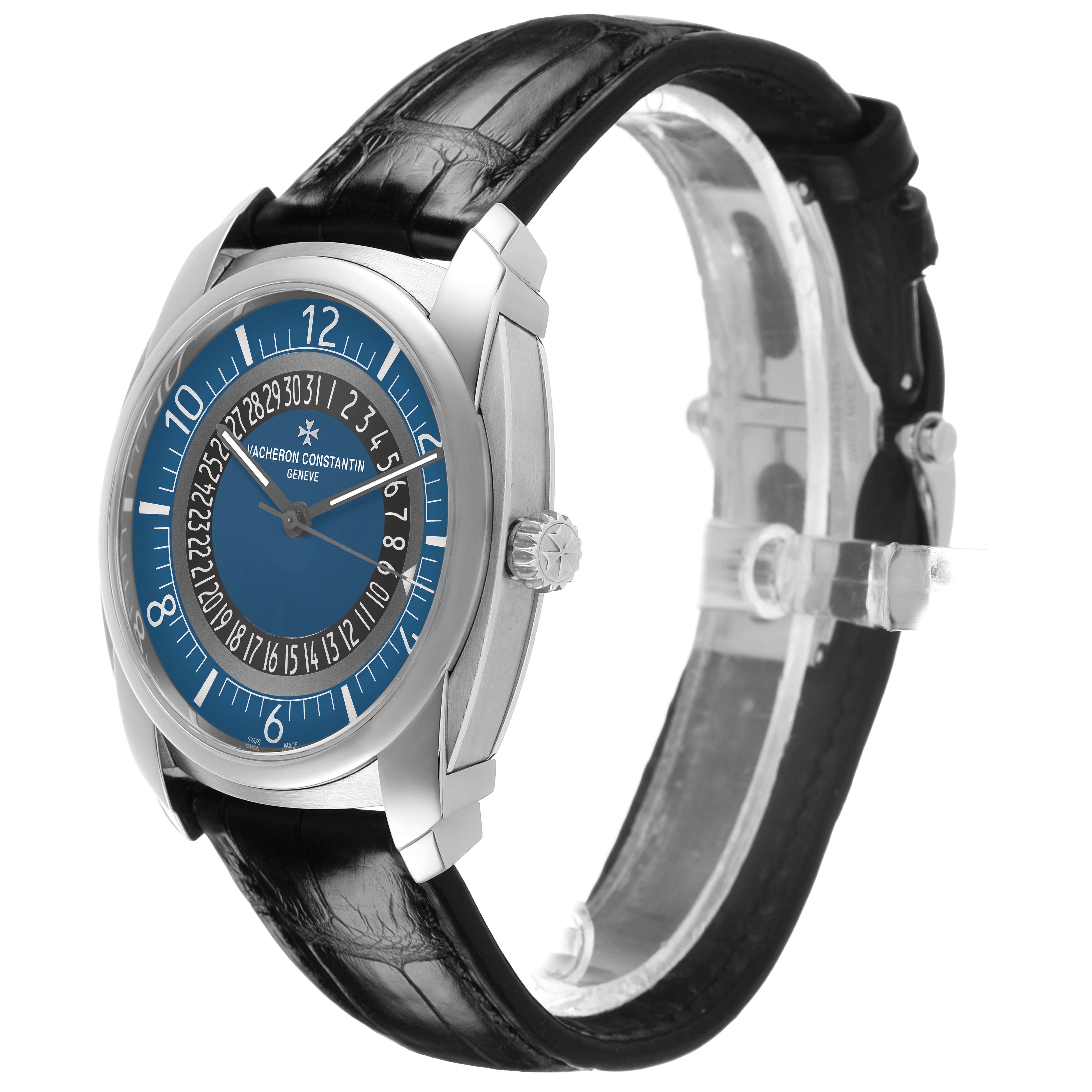 The Quai de l'Ile watch by Vacheron Constantin is shown at a three-quarter angle, highlighting the face, crown, and leather strap.