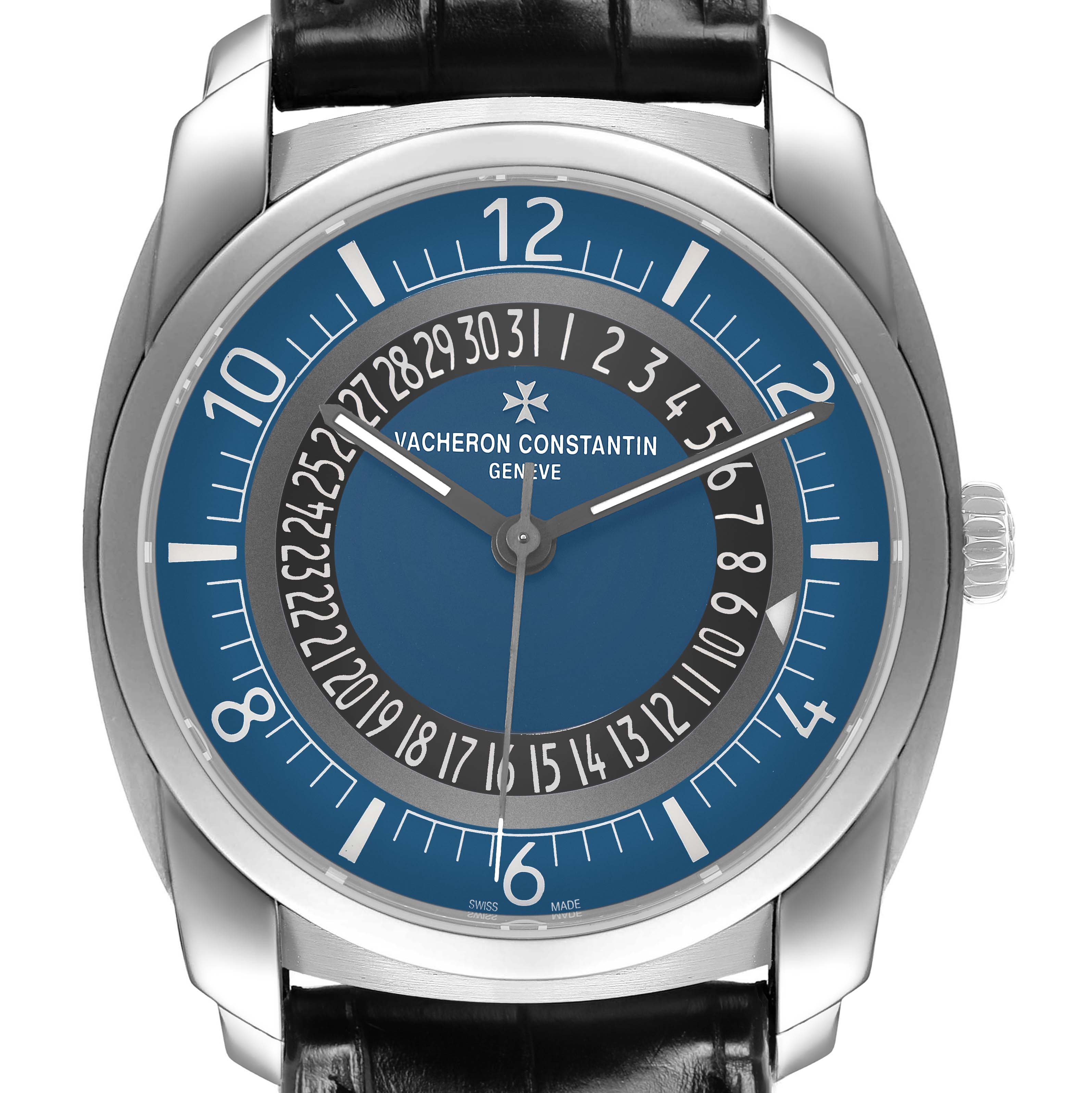 The Vacheron Constantin Quai de L'Ile model is shown from a direct front angle, displaying the face with its detailed dial and leather strap.
