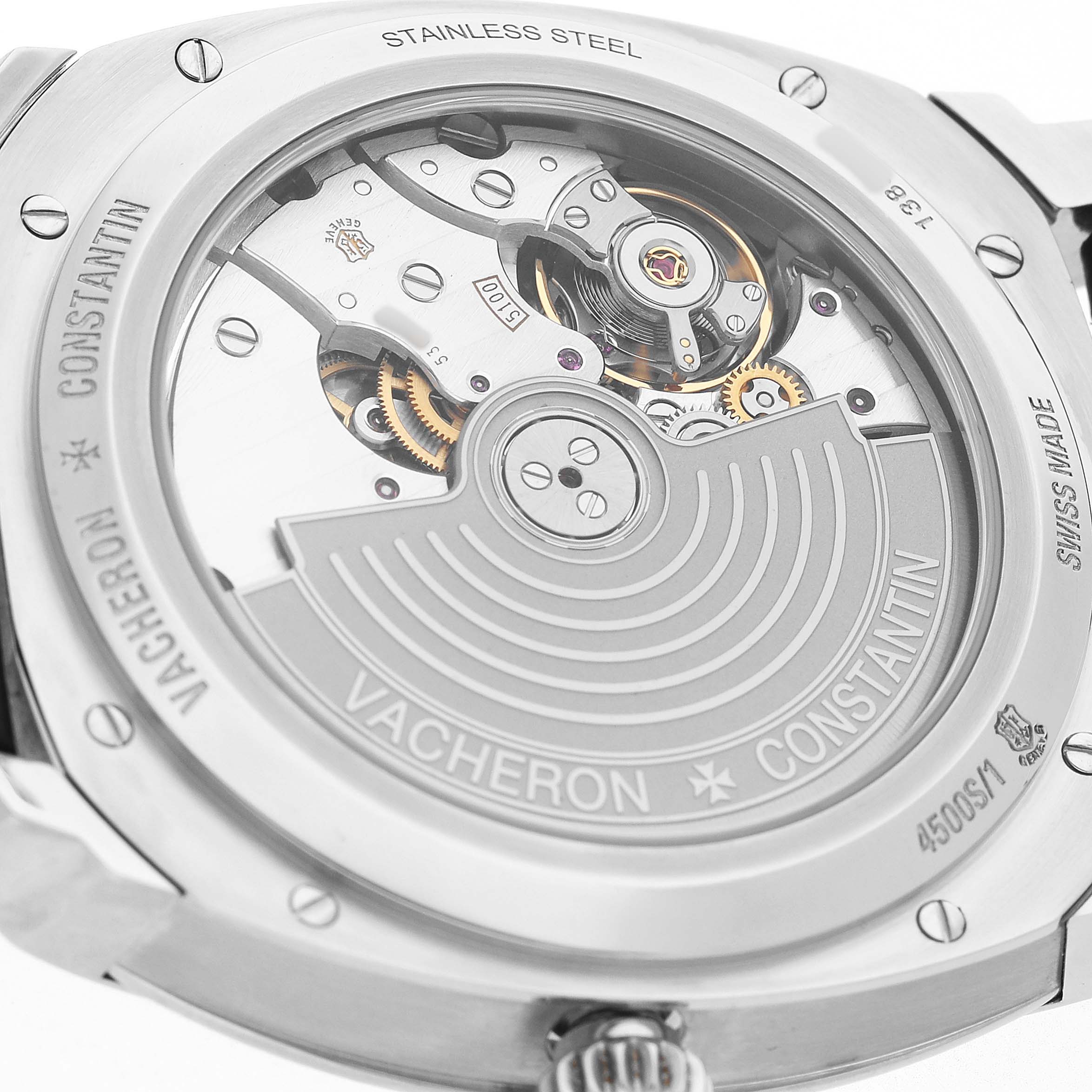 The image shows the back of the Vacheron Constantin Quai de L'Ile watch, highlighting its movement and rotor.
