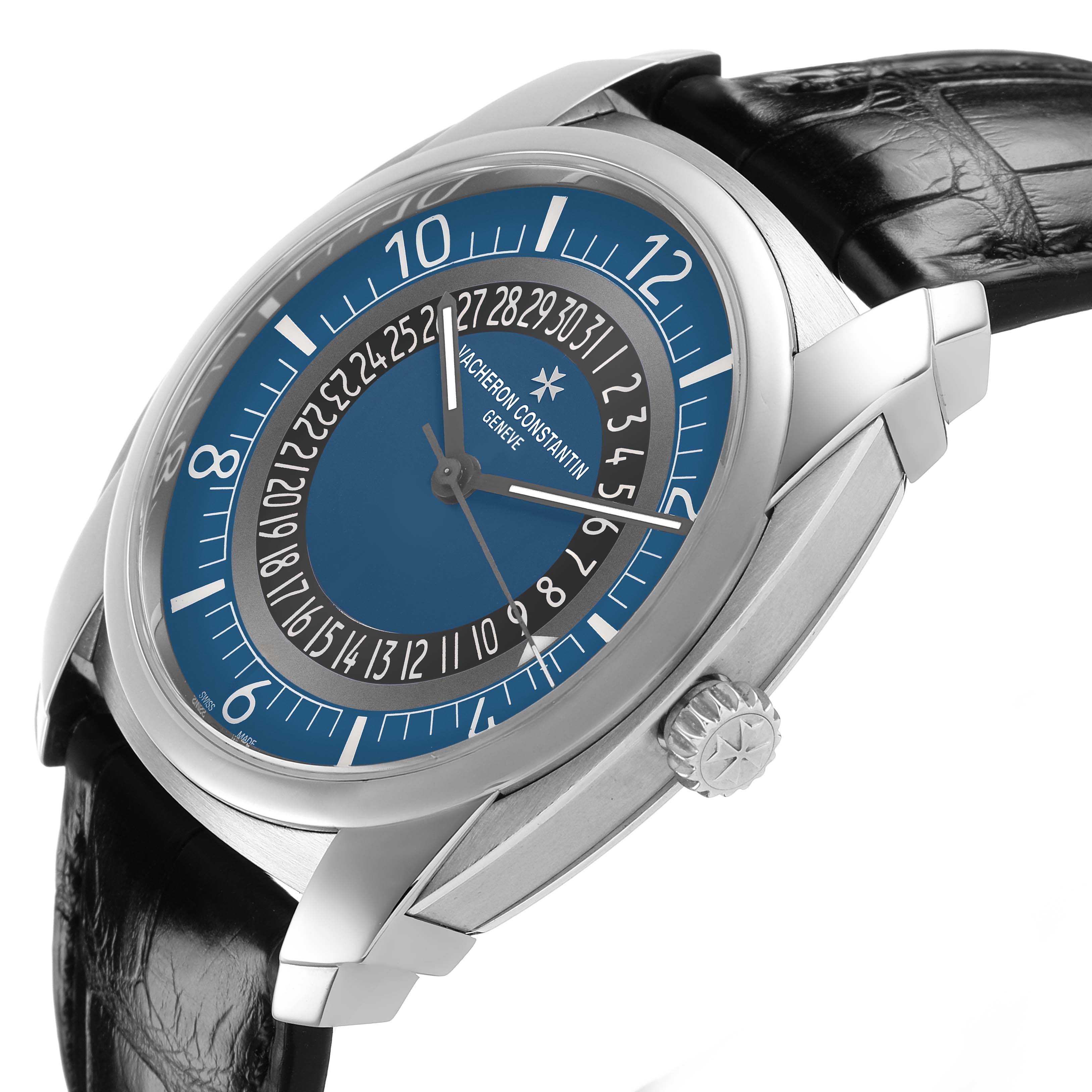 The Vacheron Constantin Quai de L'Ile watch is shown at a slight angle, highlighting the dial, case, crown, and leather strap.