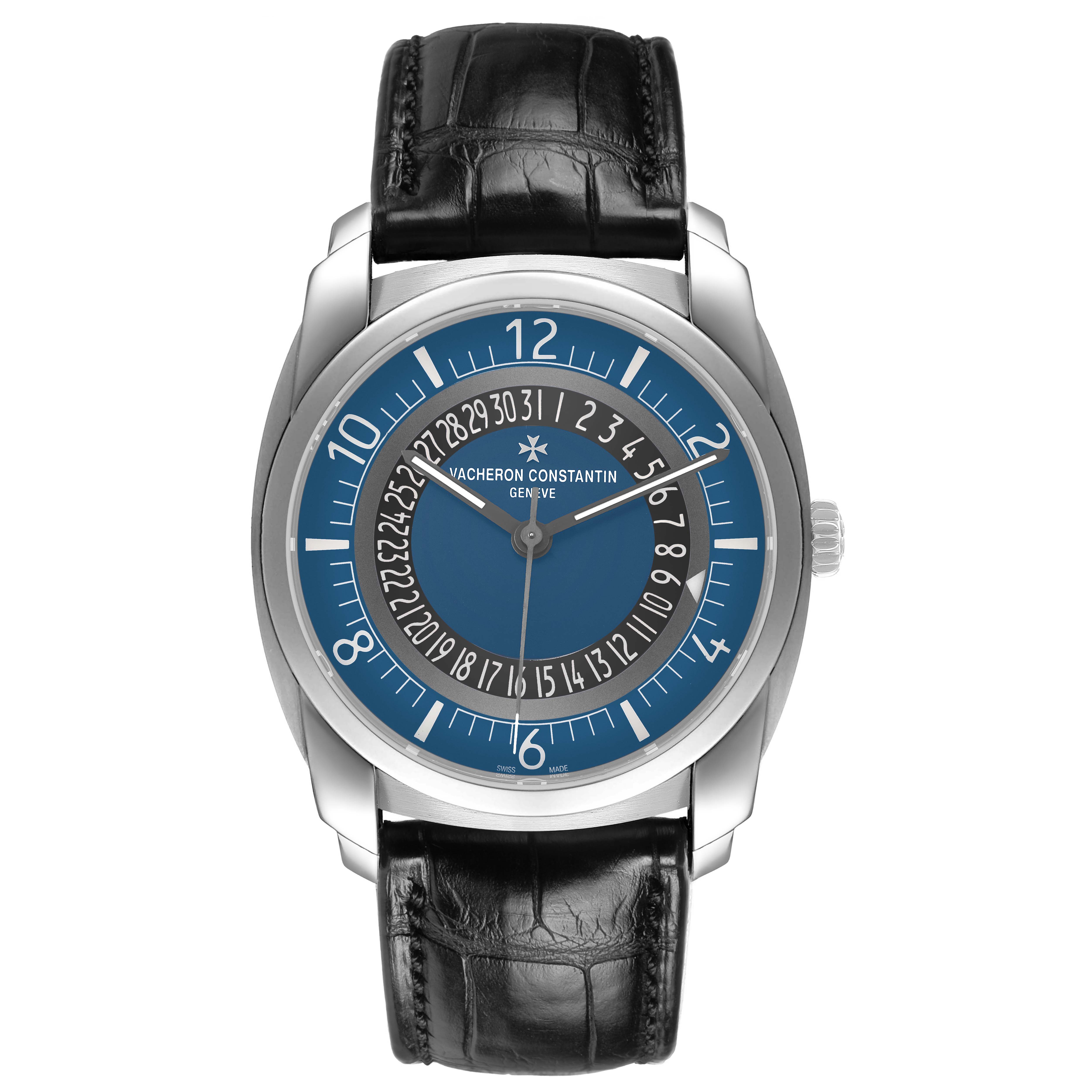 The Vacheron Constantin Quai de l'Île watch is shown from a top-down angle, displaying the dial, hands, case, and leather strap.