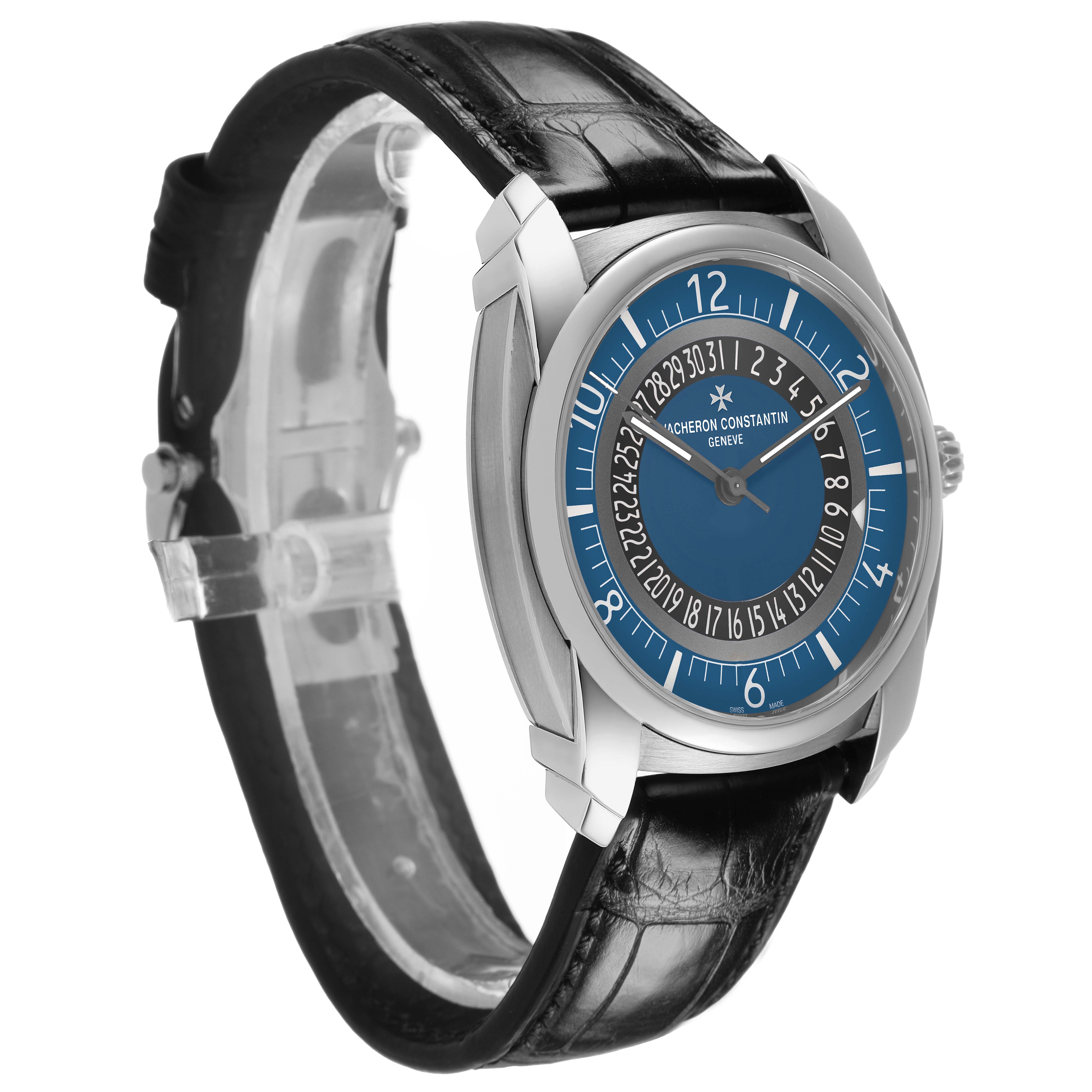 The Vacheron Constantin Quai de Lile 4500S/000A-B364 Men's Stainless Steel Blue Dial watch is shown at an oblique angle, displaying its dial, case, and leather strap.