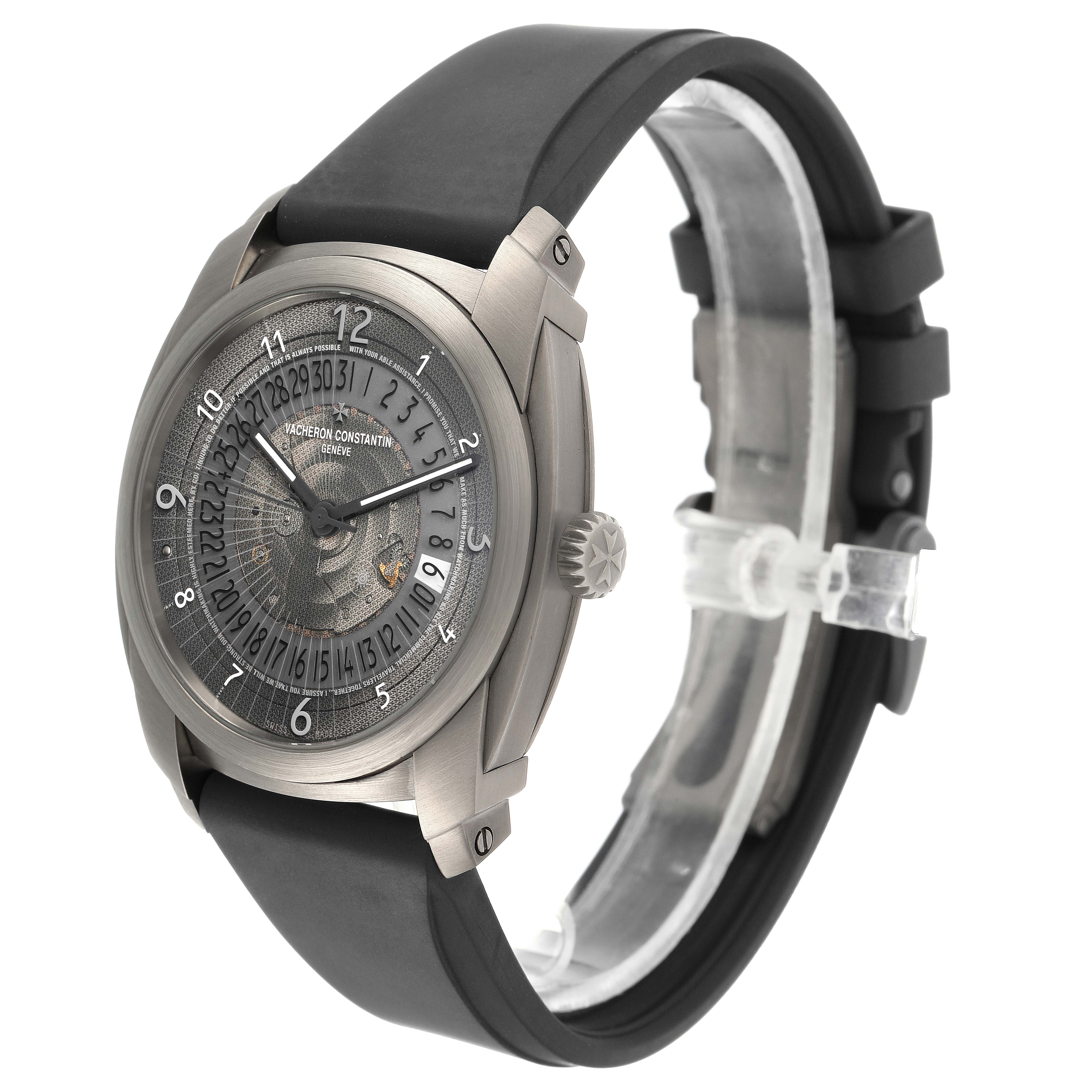 The Vacheron Constantin Quai de L'Ile watch is shown at a side angle, highlighting the dial, bezel, crown, and strap.
