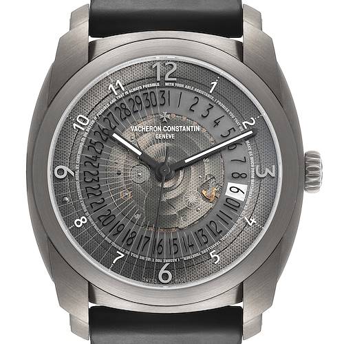 The Vacheron Constantin Quai de Lile 86050/000T-9343 Men's Titanium Grey Dial watch is shown from a top-down angle, highlighting its dial and bezel details.