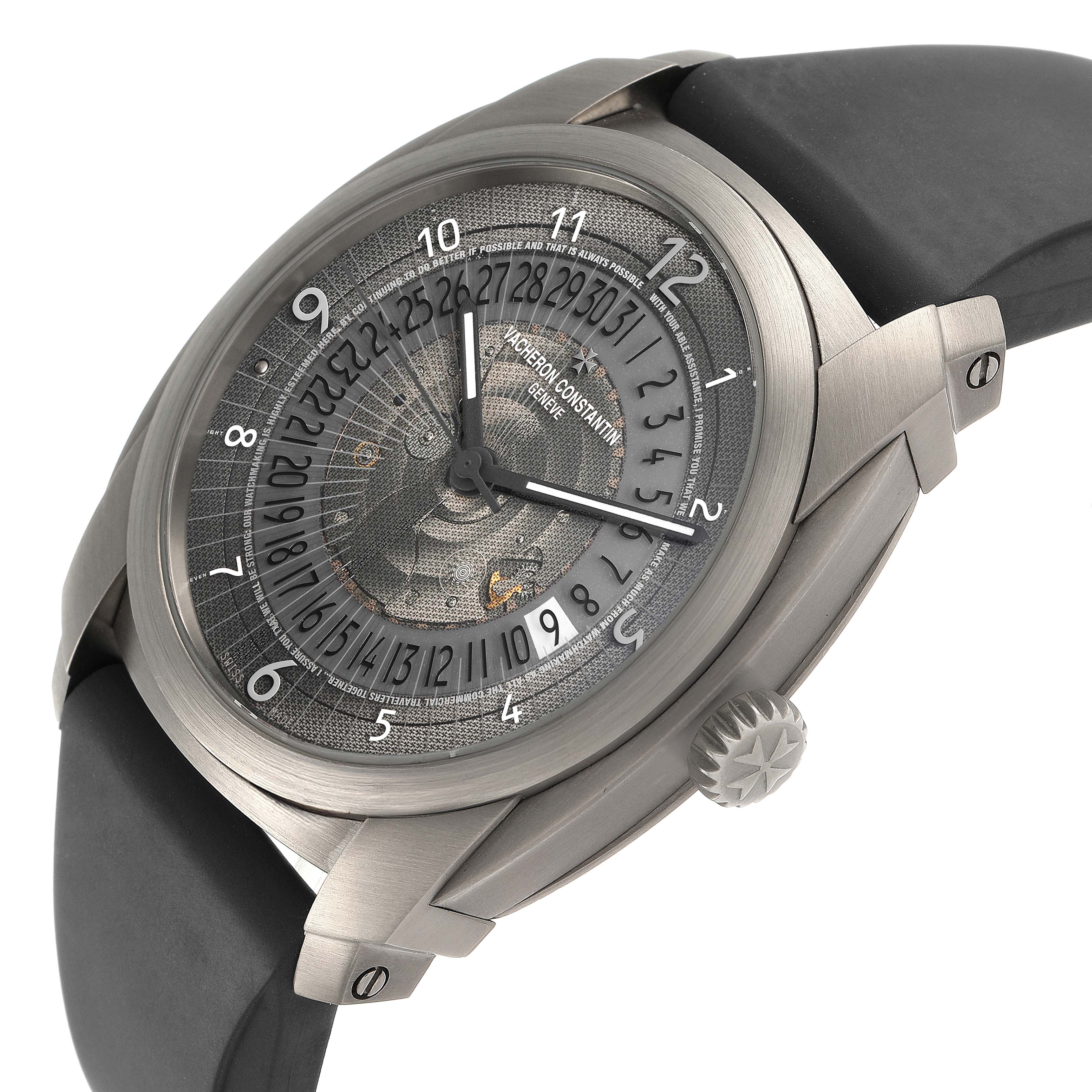 The Vacheron Constantin Quai de Lile 86050/000T-9343 Men's Titanium Grey Dial watch is shown in a three-quarter angle, highlighting its face, crown, and strap.