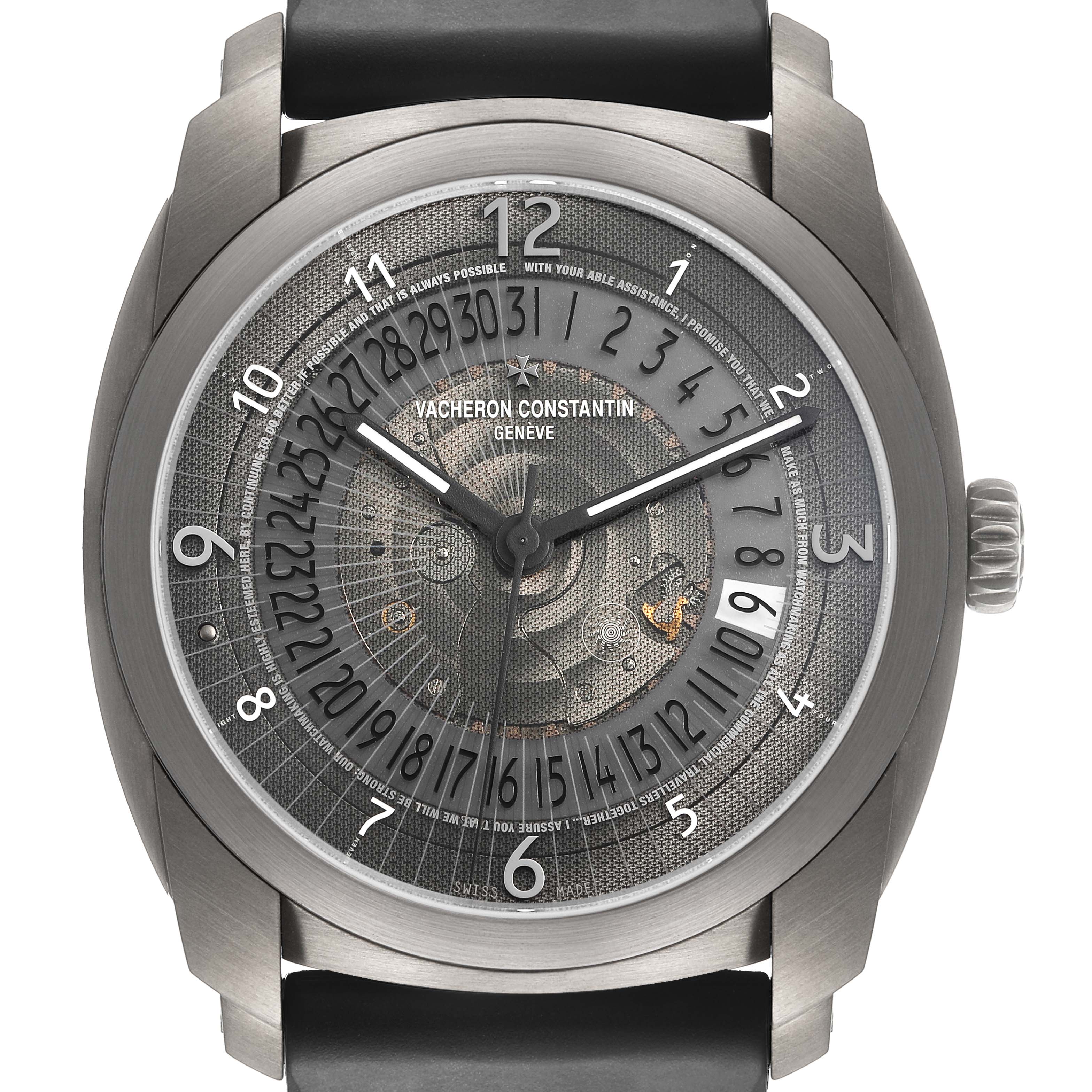 The Vacheron Constantin Quai de L'Ile watch is shown from a front angle, highlighting its dial and case details.