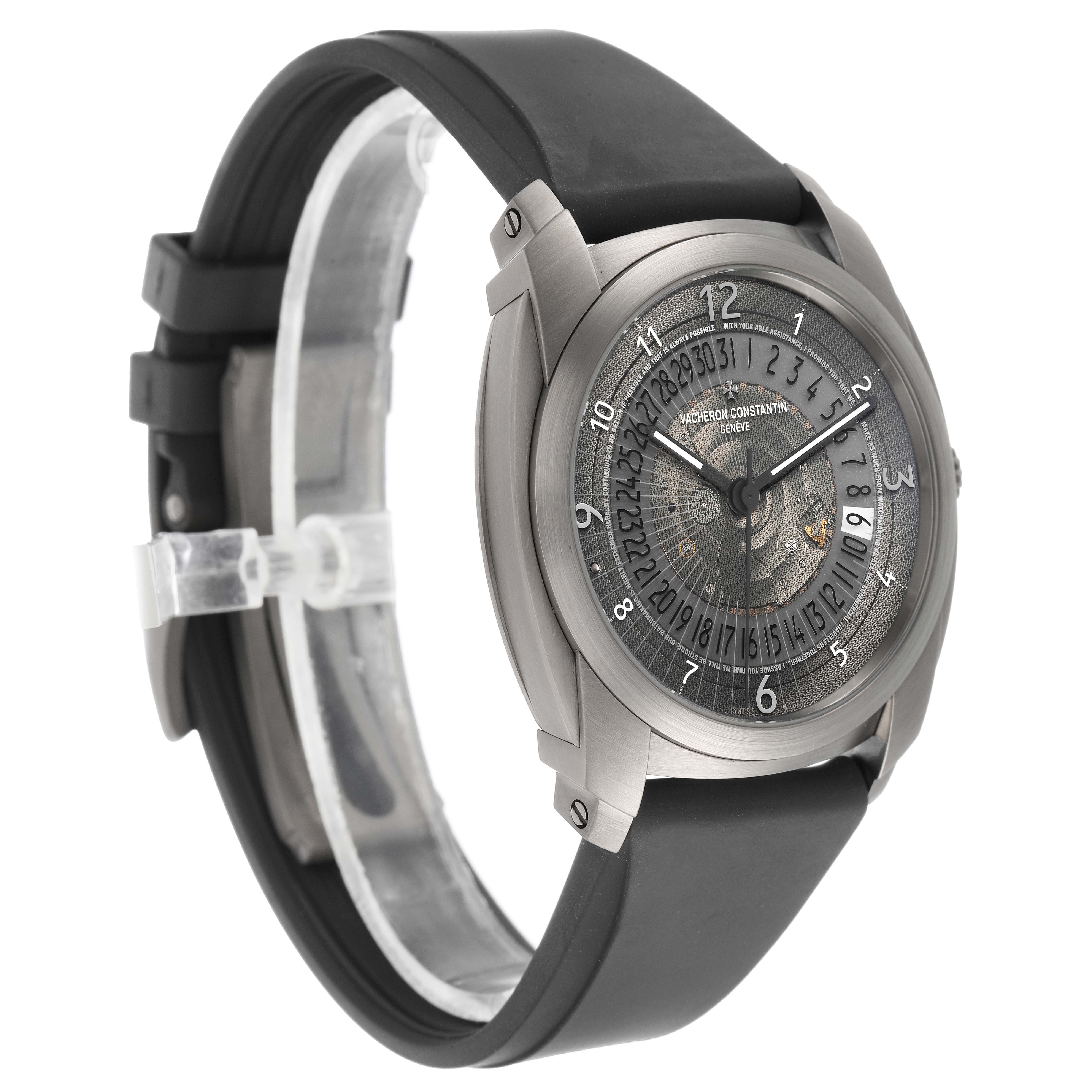 The Vacheron Constantin Quai de L'Ile watch is shown at a front angle, highlighting the dial, bezel, and black strap.