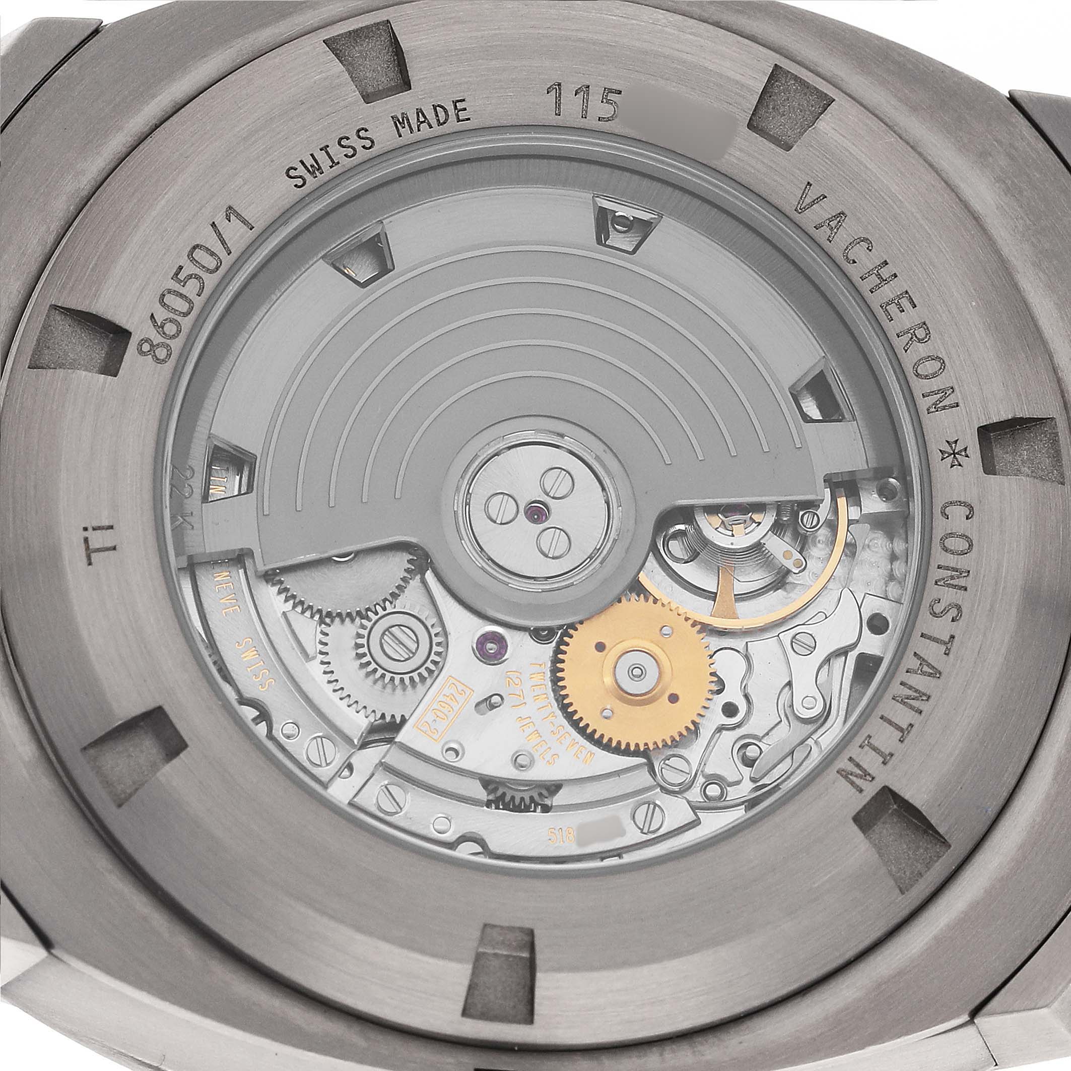 The image shows the back of a Vacheron Constantin Quai de l'Ile watch, highlighting the automatic movement and rotor.