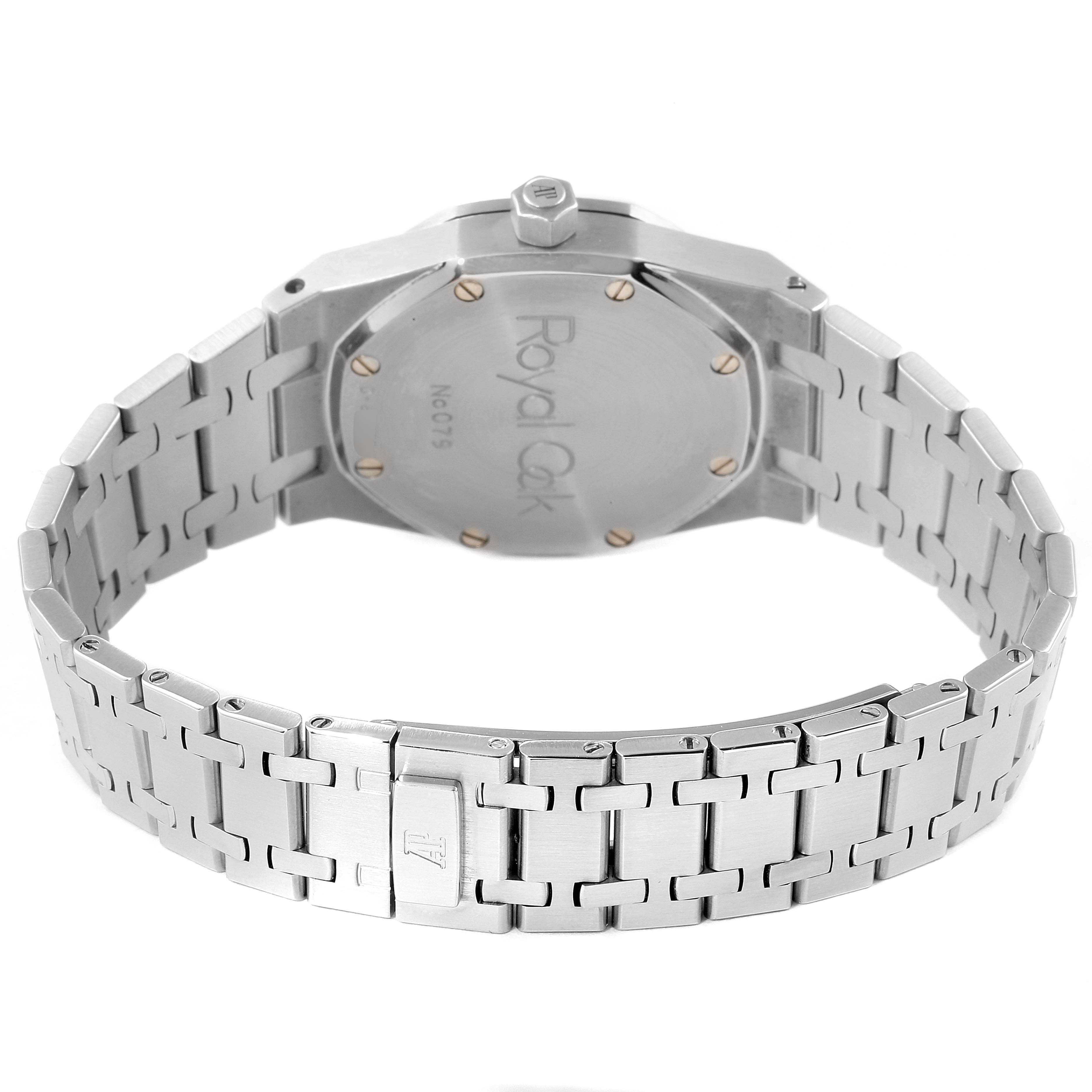 This image shows the back of an Audemars Piguet Royal Oak 15000ST.OO.0789ST.05 Men
s Stainless Steel Grey Dial 15000ST.OO.0789ST.05 Men
s Stainless Steel Grey Dial watch, emphasizing the case back and bracelet.