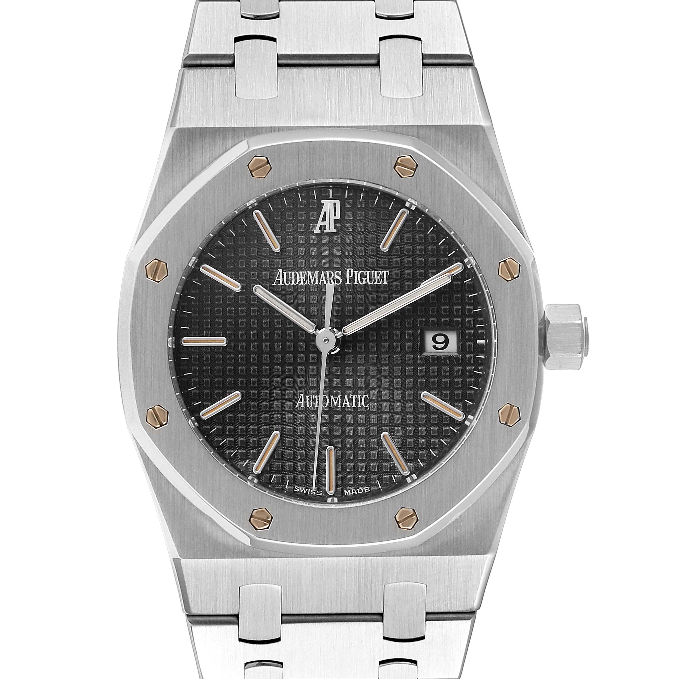 The image shows a front view of an Audemars Piguet Royal Oak 15000ST.OO.0789ST.05 Men
s Stainless Steel Grey Dial 15000ST.OO.0789ST.05 Men
s Stainless Steel Grey Dial watch, displaying the dial, bezel, and part of the bracelet.