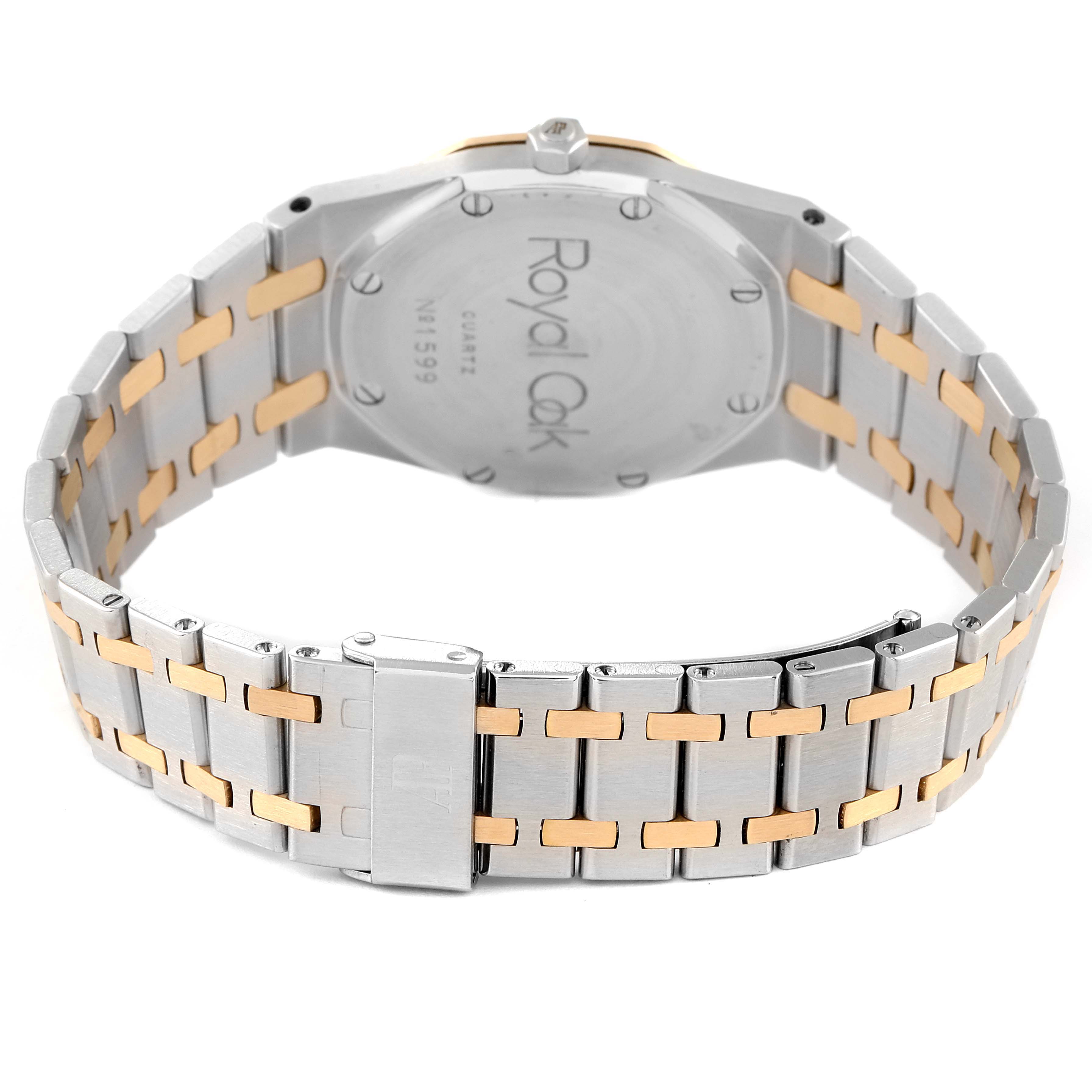 The image shows the back view of the Audemars Piguet Royal Oak 56175SA.OO.0789SA.01 Men's Steel and Gold (two tone) Grey Dial 56175SA.OO.0789SA.01 Men's Steel and Gold (two tone) Grey Dial watch, highlighting its case back and two-tone bracelet.