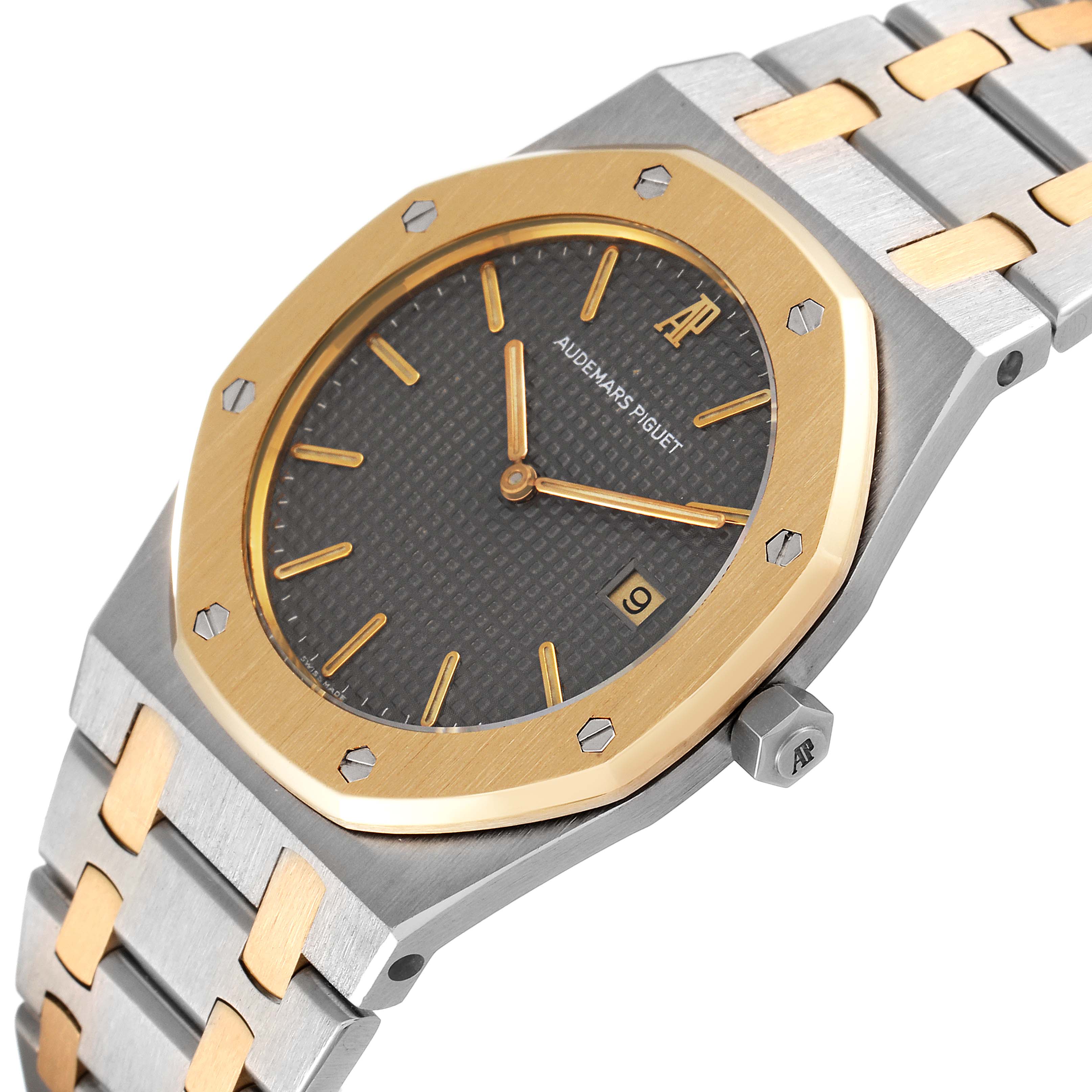 The Audemars Piguet Royal Oak 56175SA.OO.0789SA.01 Men's Steel and Gold (two tone) Grey Dial 56175SA.OO.0789SA.01 Men's Steel and Gold (two tone) Grey Dial watch is shown at an angled view, highlighting the dial, bezel, crown, and bracelet.