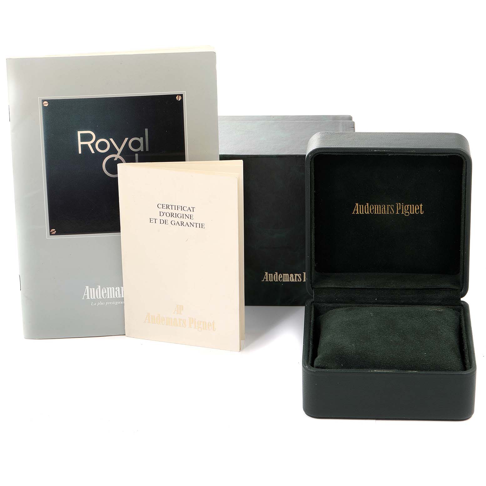 The image shows the Audemars Piguet Royal Oak 56175SA.OO.0789SA.01 Men's Steel and Gold (two tone) Grey Dial 56175SA.OO.0789SA.01 Men's Steel and Gold (two tone) Grey Dial watch's black box, certificate, and book.