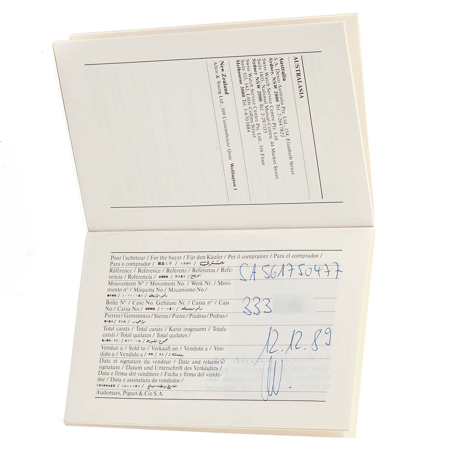 The image shows an open booklet, likely the warranty certificate or manual for the Audemars Piguet Royal Oak 56175SA.OO.0789SA.01 Men's Steel and Gold (two tone) Grey Dial 56175SA.OO.0789SA.01 Men's Steel and Gold (two tone) Grey Dial model watch.