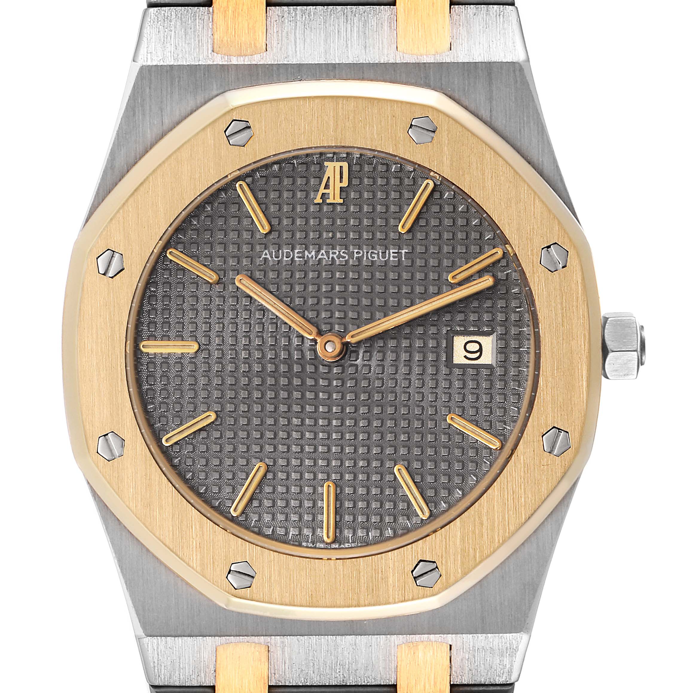 The image shows a front angle view of the Audemars Piguet Royal Oak 56175SA.OO.0789SA.01 Men's Steel and Gold (two tone) Grey Dial 56175SA.OO.0789SA.01 Men's Steel and Gold (two tone) Grey Dial watch, highlighting its dial, bezel, and part of the bracelet.