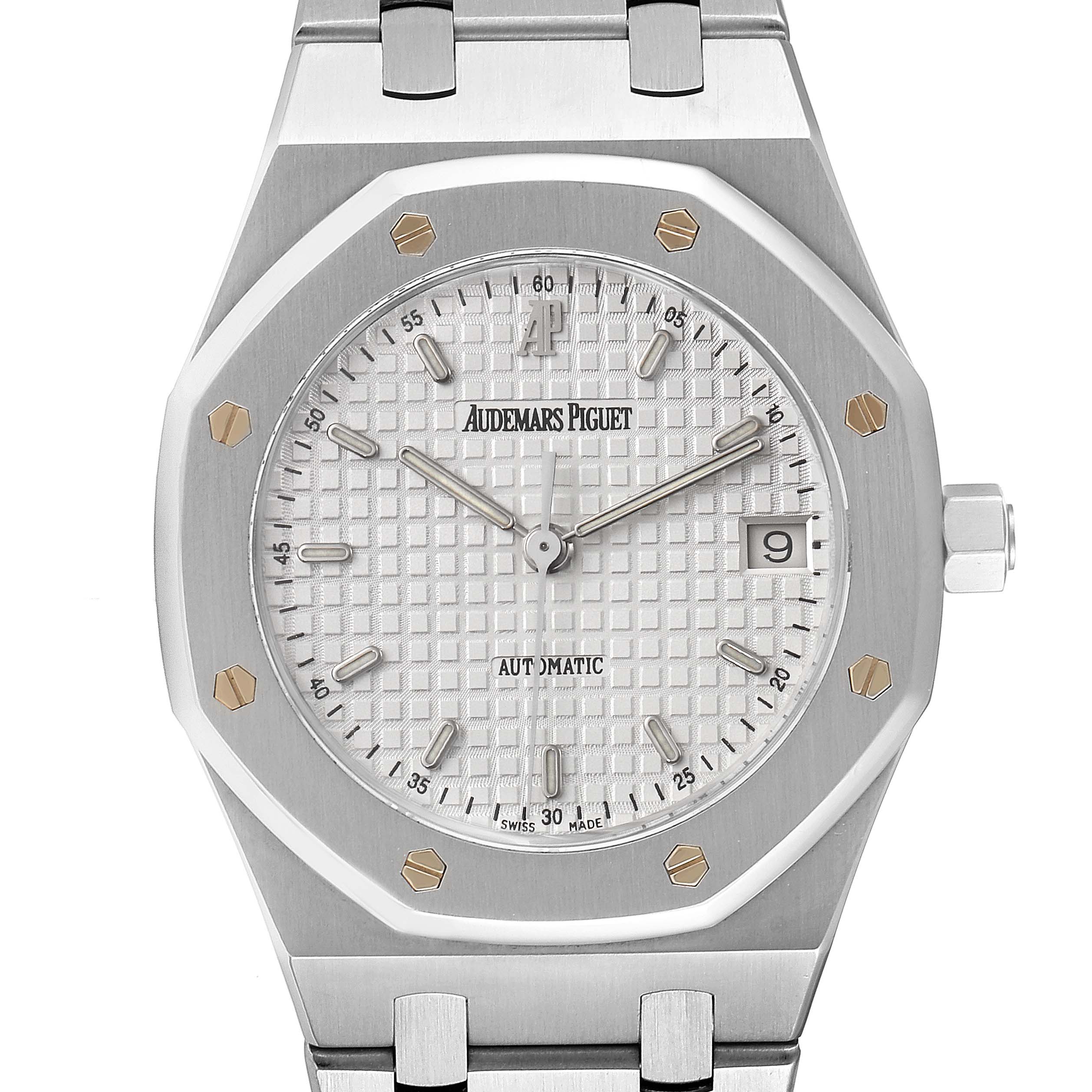 The image shows a front angle of the Audemars Piguet Royal Oak 14790ST Men's Stainless Steel White Dial 14790ST Men's Stainless Steel White Dial watch, highlighting its dial, hands, date function, and iconic octagonal bezel.