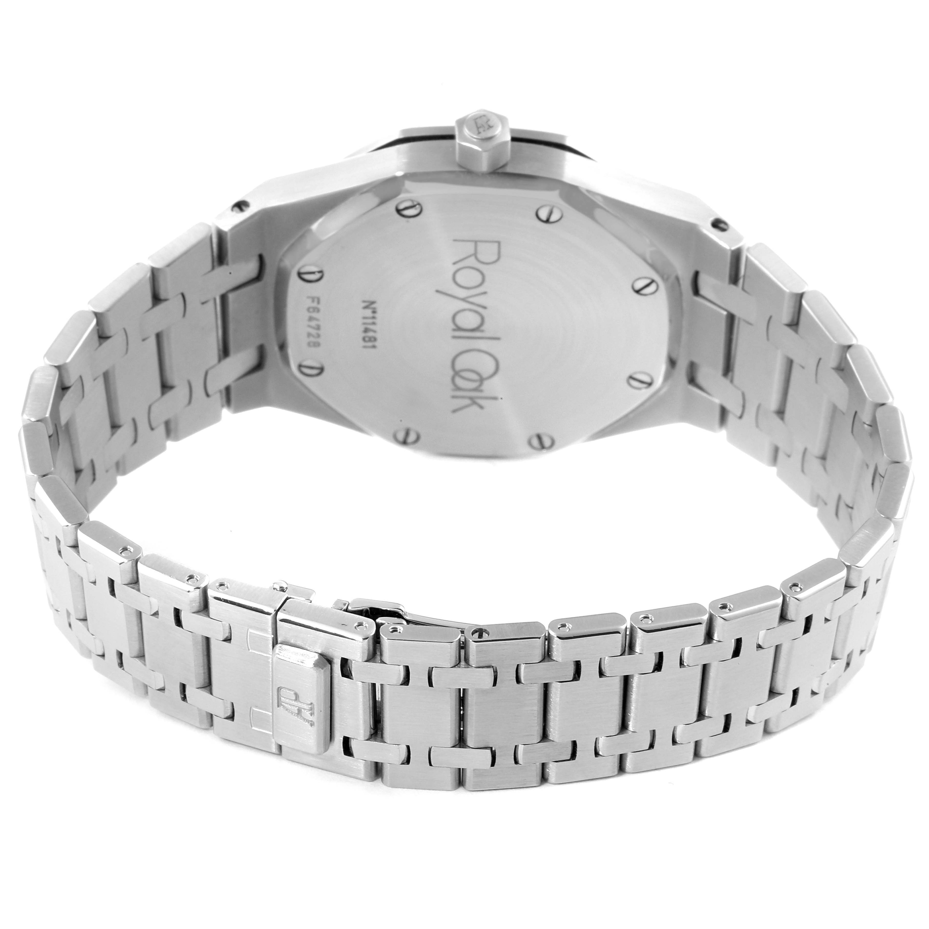 This image shows the back of an Audemars Piguet Royal Oak 14790ST Men's Stainless Steel White Dial 14790ST Men's Stainless Steel White Dial watch, highlighting the case back, bracelet, and clasp.