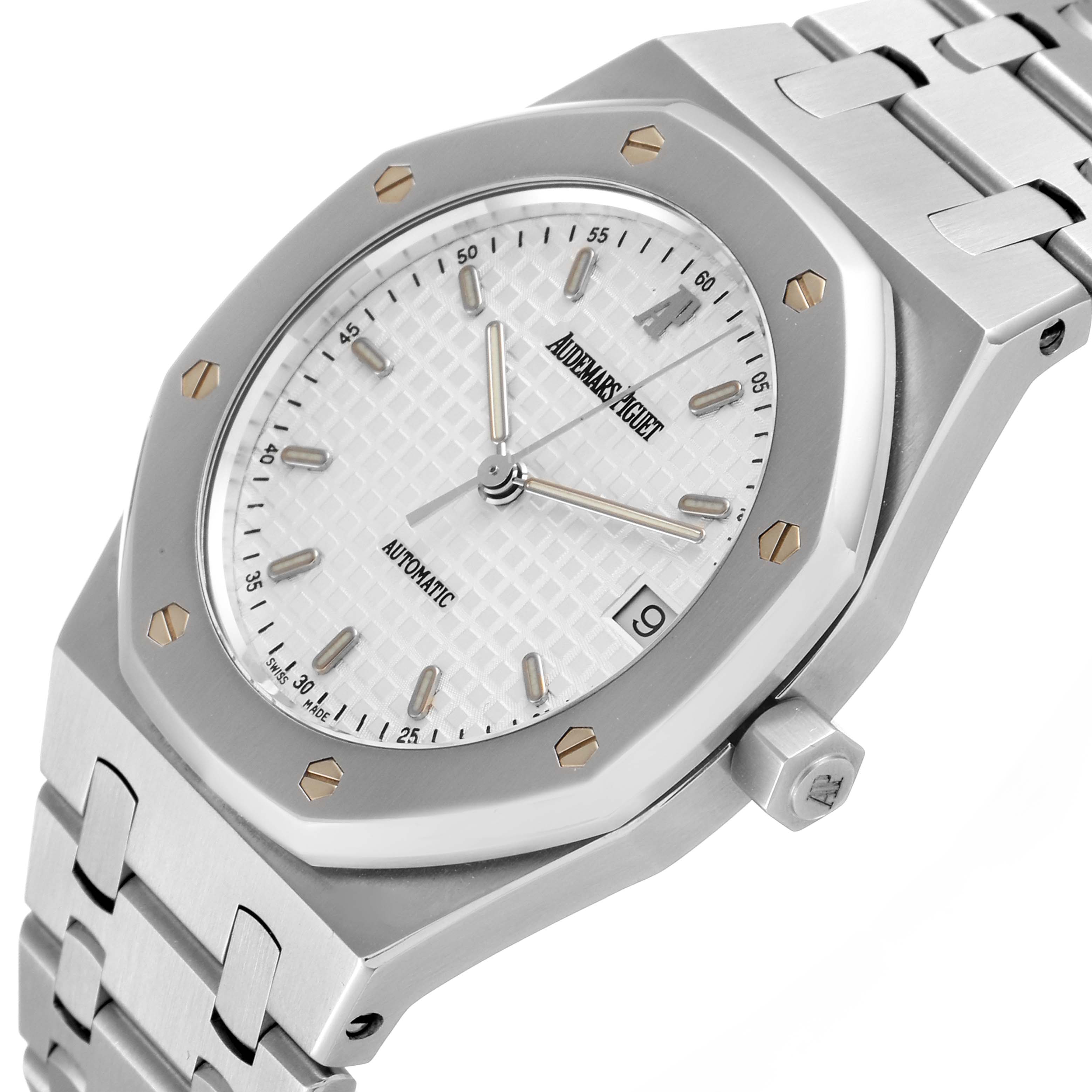 This is a close-up angled view of the Royal Oak model by Audemars Piguet showcasing the dial, bezel, bracelet, and crown.