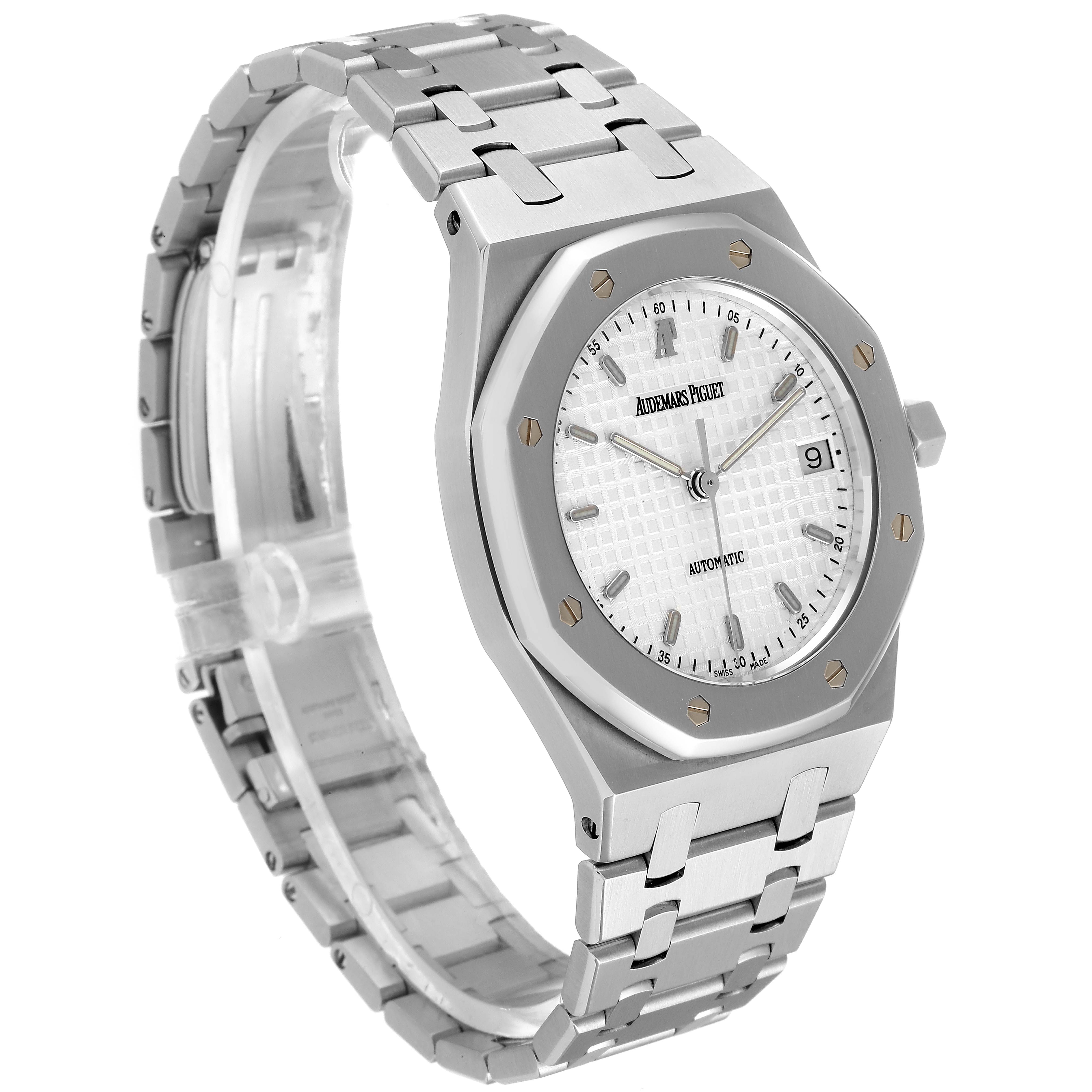 The image shows a side angle of the Audemars Piguet Royal Oak 14790ST Men's Stainless Steel White Dial 14790ST Men's Stainless Steel White Dial watch, displaying its face, bezel, and metal bracelet.