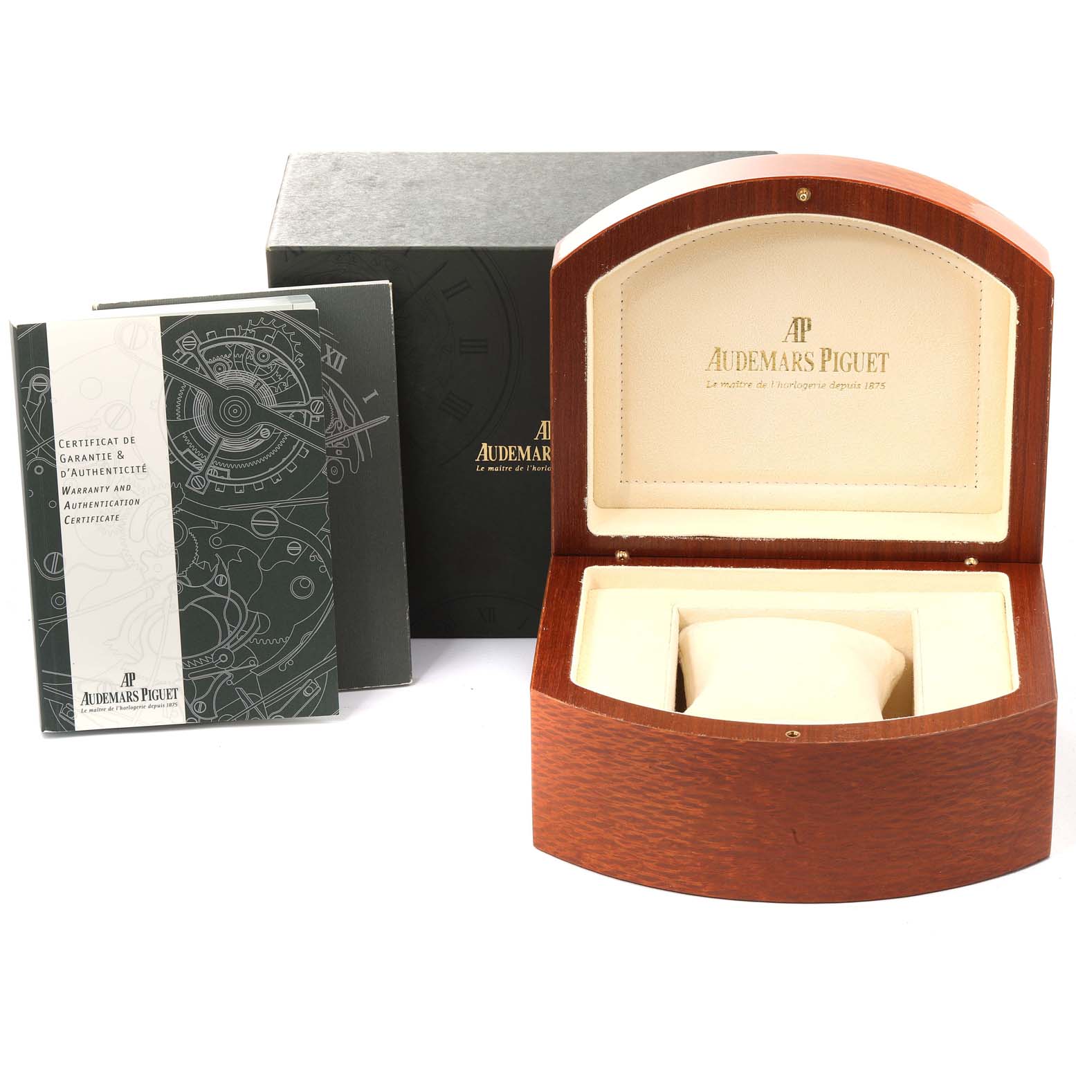 This image shows the packaging and certificates for an Audemars Piguet Royal Oak 14790ST Men's Stainless Steel White Dial 14790ST Men's Stainless Steel White Dial watch, including the inner and outer boxes and warranty booklet.