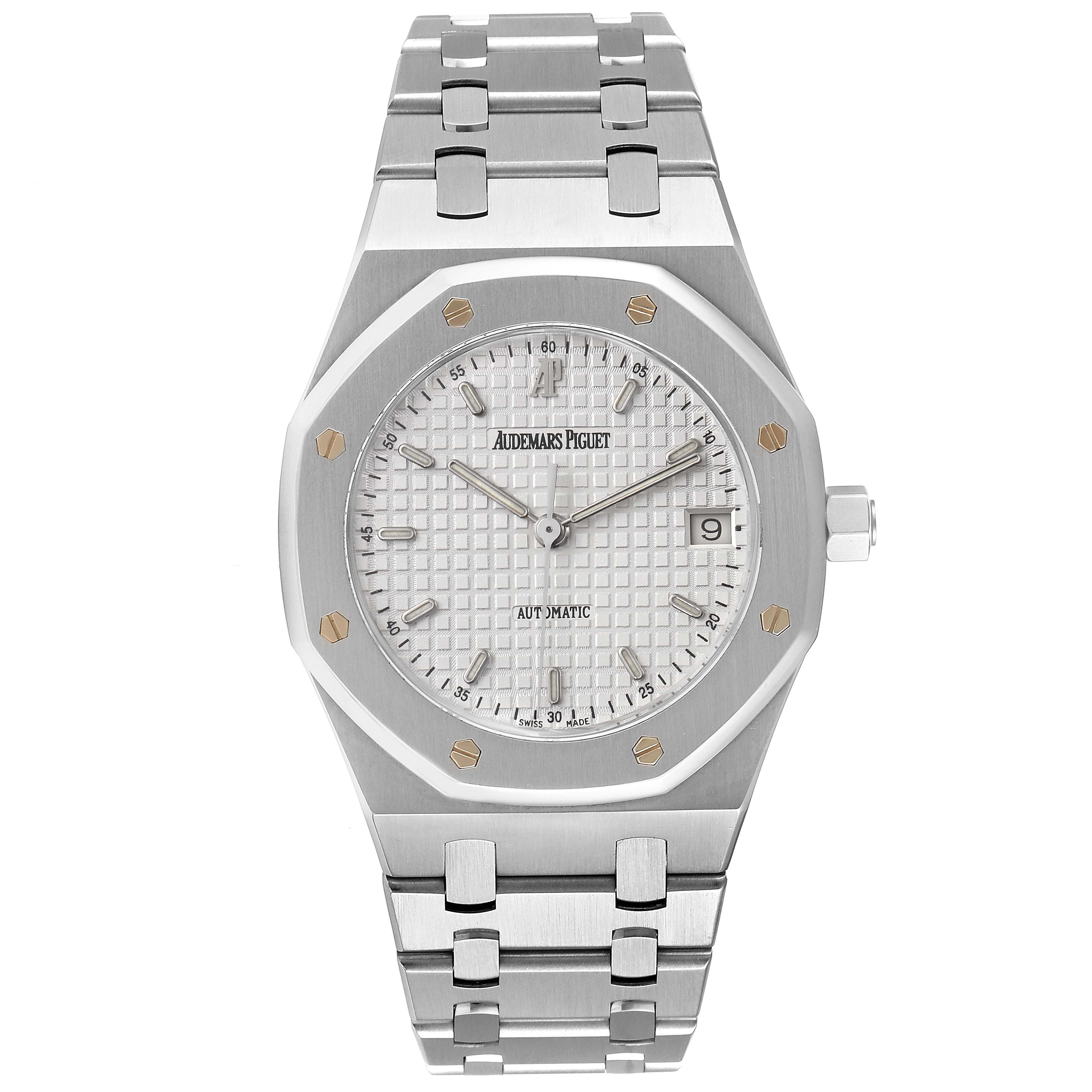 The image shows the front view of the Audemars Piguet Royal Oak 14790ST Men's Stainless Steel White Dial 14790ST Men's Stainless Steel White Dial watch, displaying the dial, bezel, and metal bracelet.