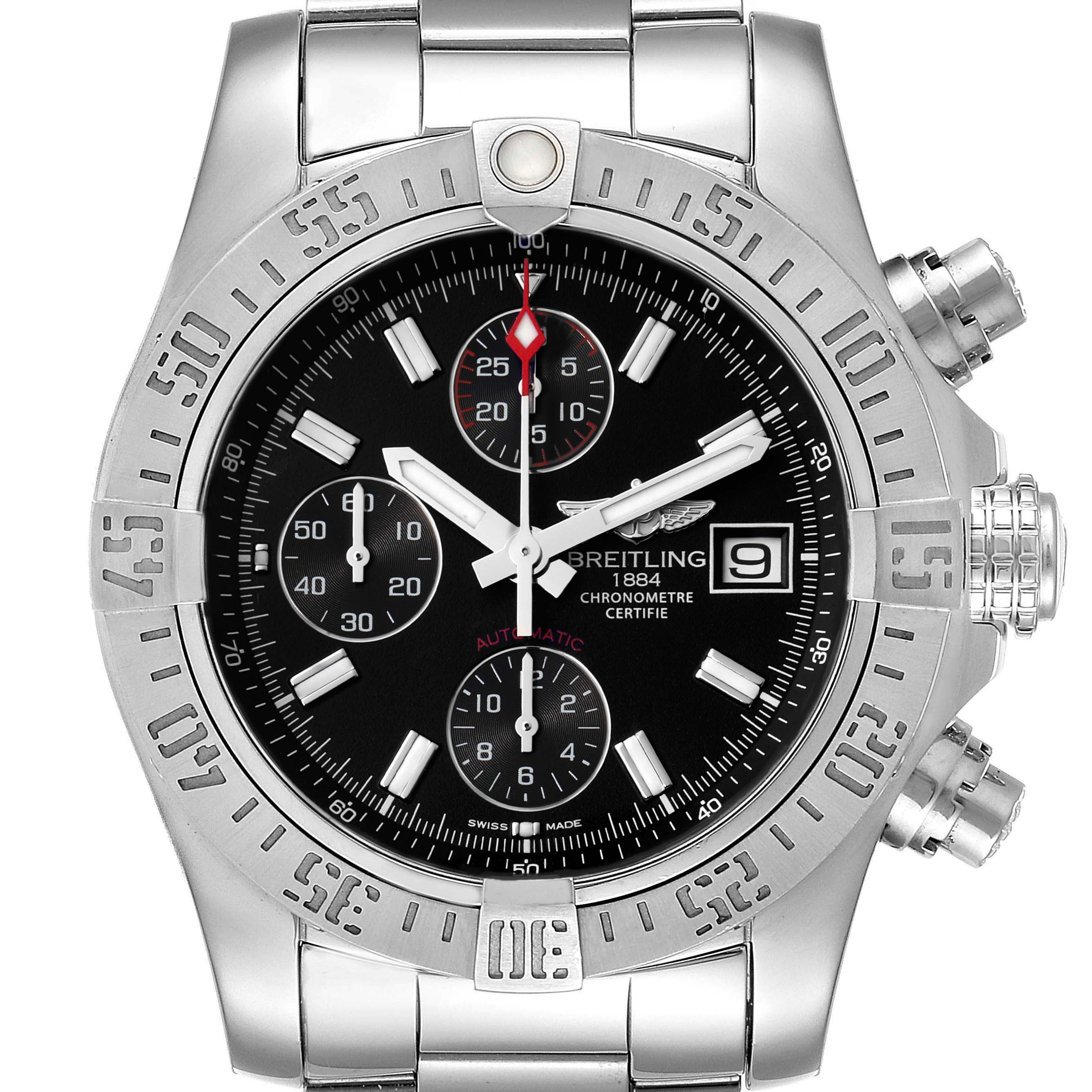 The image shows a front view of the Breitling Avenger A13381 Men's Stainless Steel Black Dial A13381 Men's Stainless Steel Black Dial watch, highlighting its dial, bezel, chronograph subdials, and bracelet.