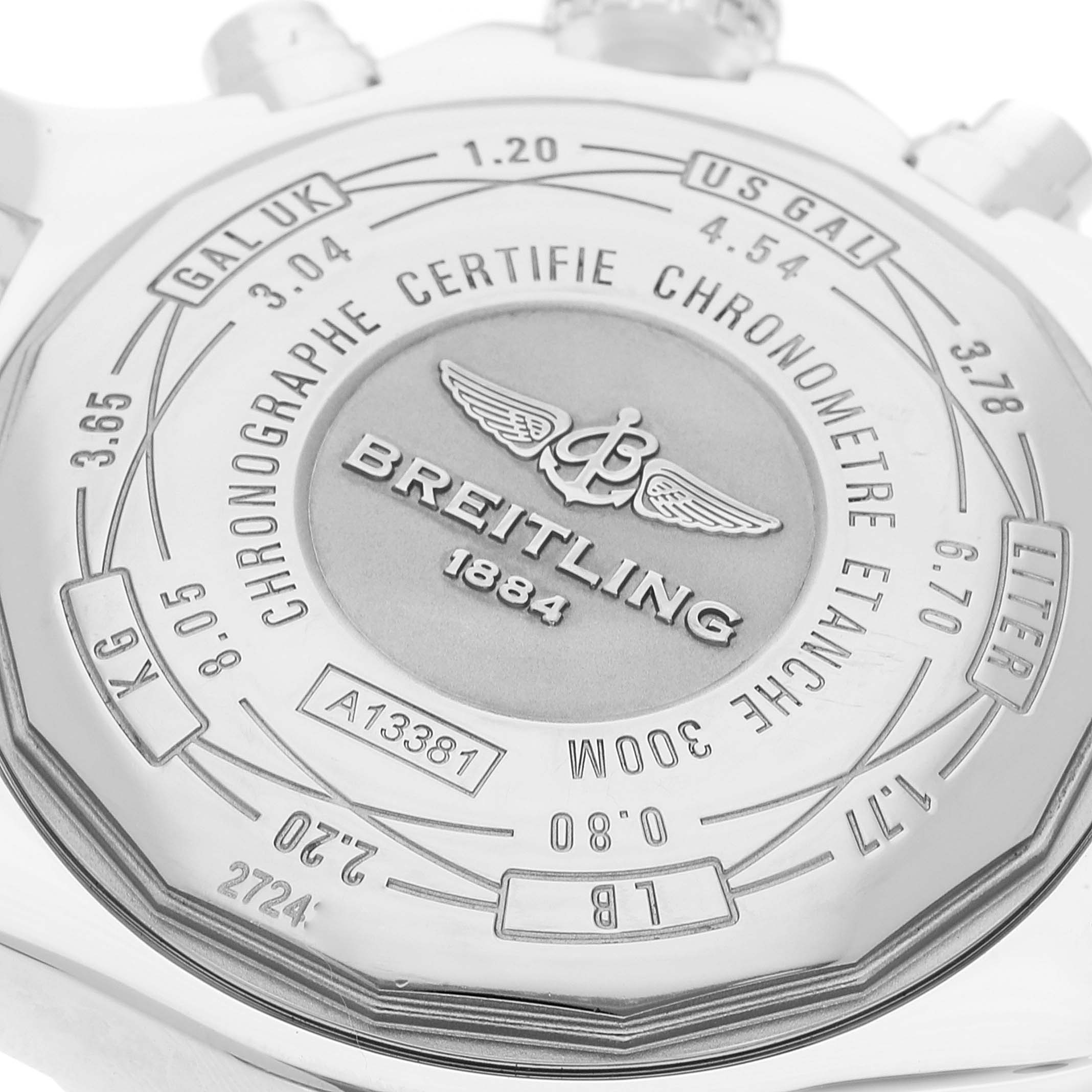 This image shows the back case of a Breitling Avenger A13381 Men's Stainless Steel Black Dial A13381 Men's Stainless Steel Black Dial watch, highlighting various measurement conversions and certification details.