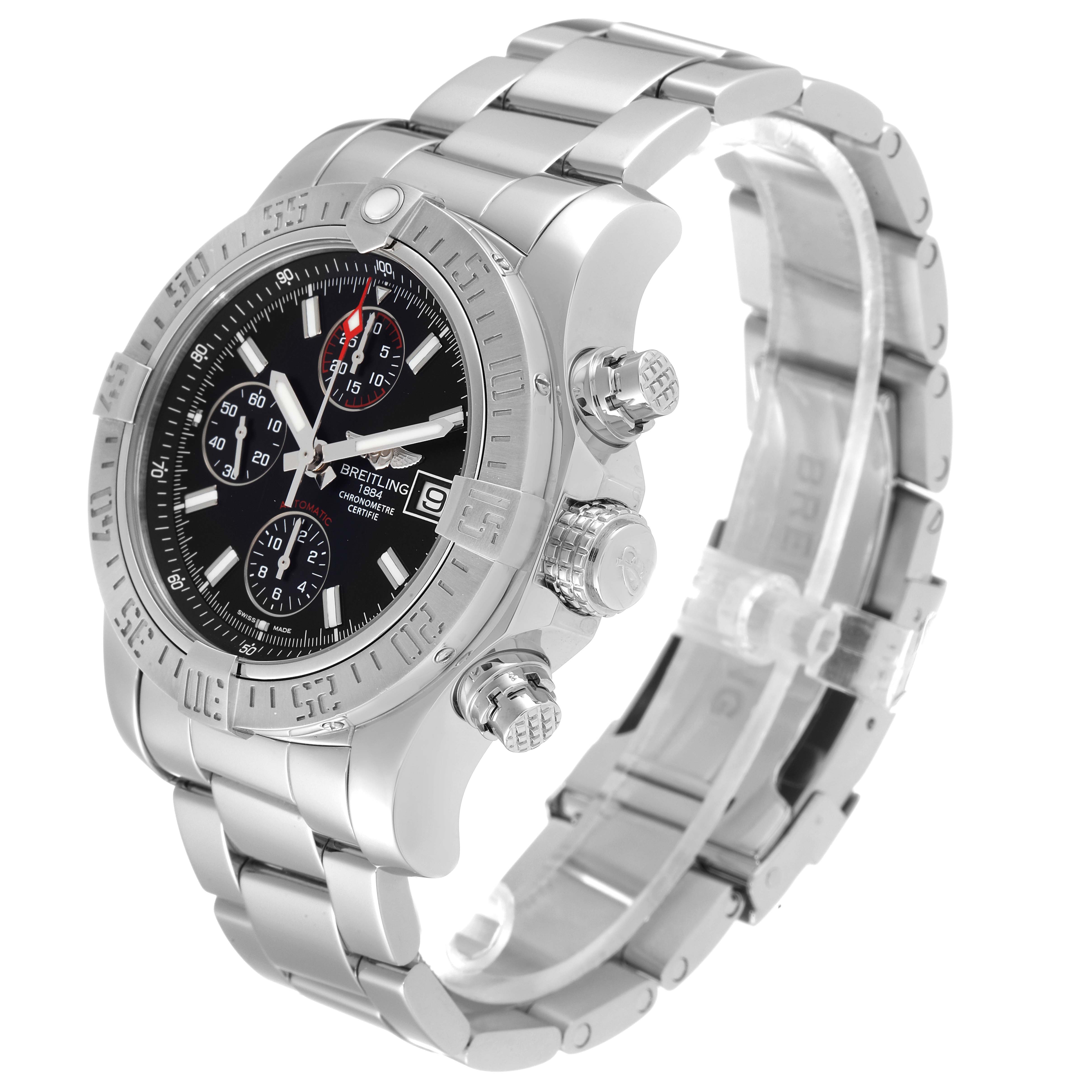 The Breitling Avenger A13381 Men's Stainless Steel Black Dial A13381 Men's Stainless Steel Black Dial watch is shown at a three-quarter angle, highlighting its bezel, crown, chronograph pushers, and bracelet.