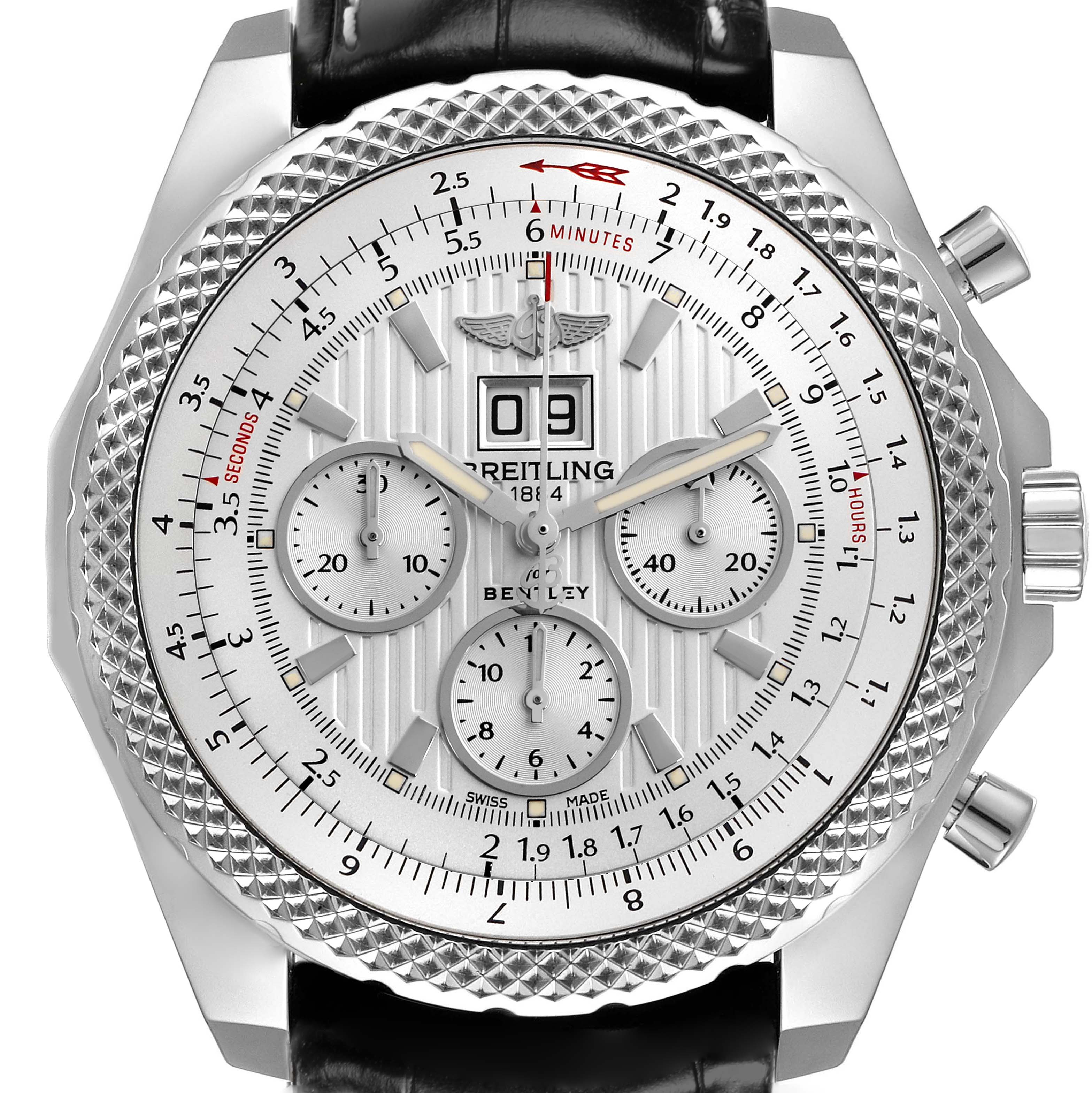 The Breitling Bentley A44364 Men
s Stainless Steel Silver Dial A44364 Men
s Stainless Steel Silver Dial watch is shown from the front, displaying its face, bezel, chronograph dials, and crown.