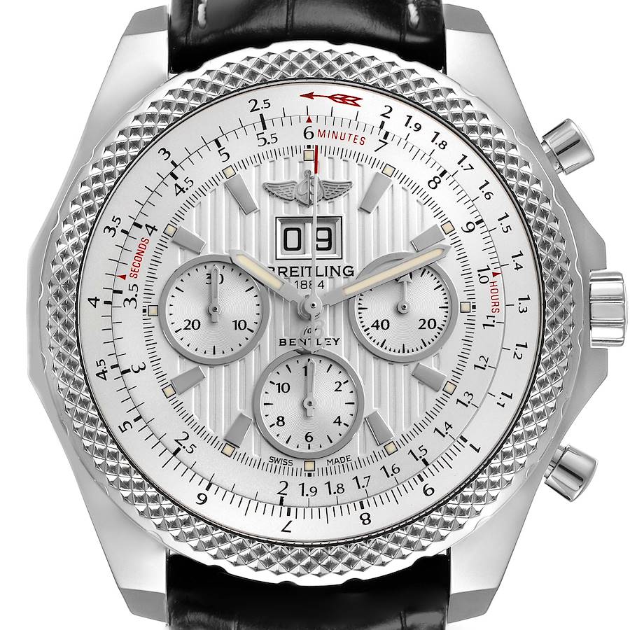The Breitling Bentley watch is shown from the front, displaying its face, bezel, chronograph dials, and crown.
