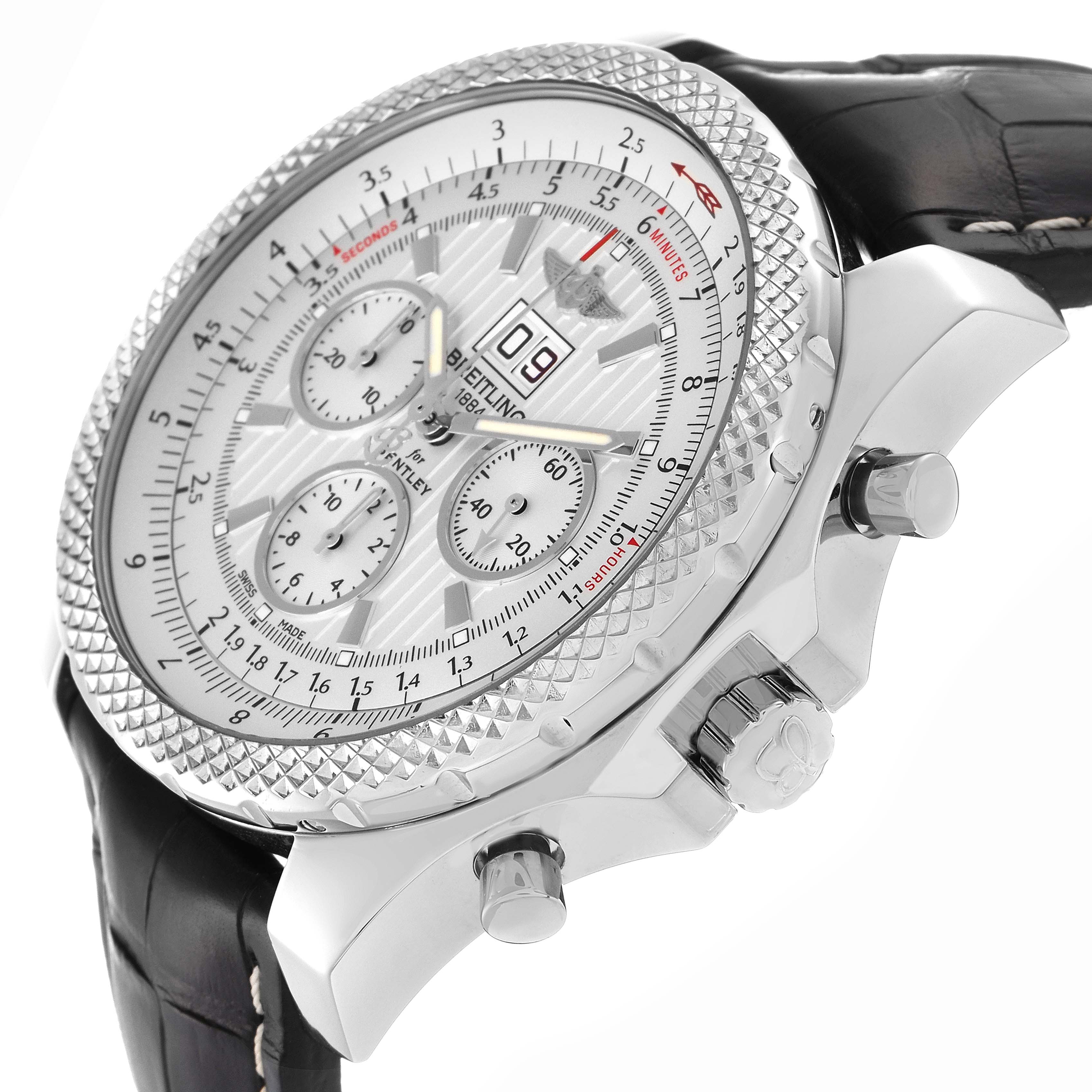 The Breitling Bentley A44364 Men
s Stainless Steel Silver Dial A44364 Men
s Stainless Steel Silver Dial watch is shown from a slight side angle, displaying the face, bezel, crown, and pushers.
