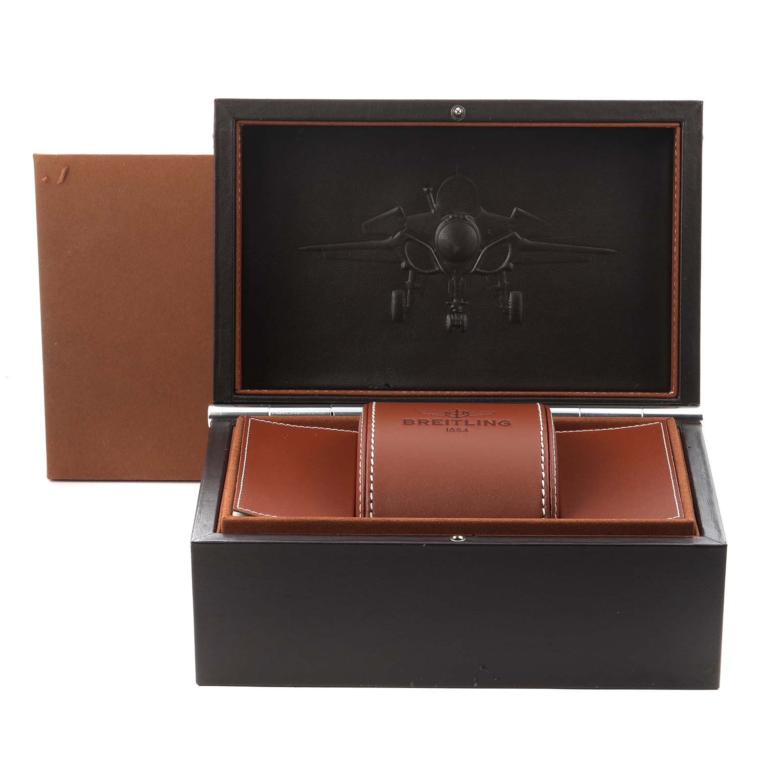 The image shows the Breitling Bentley A44364 Men
s Stainless Steel Silver Dial A44364 Men
s Stainless Steel Silver Dial watch packaging box, opened to reveal a leather interior and a decorative aircraft image.