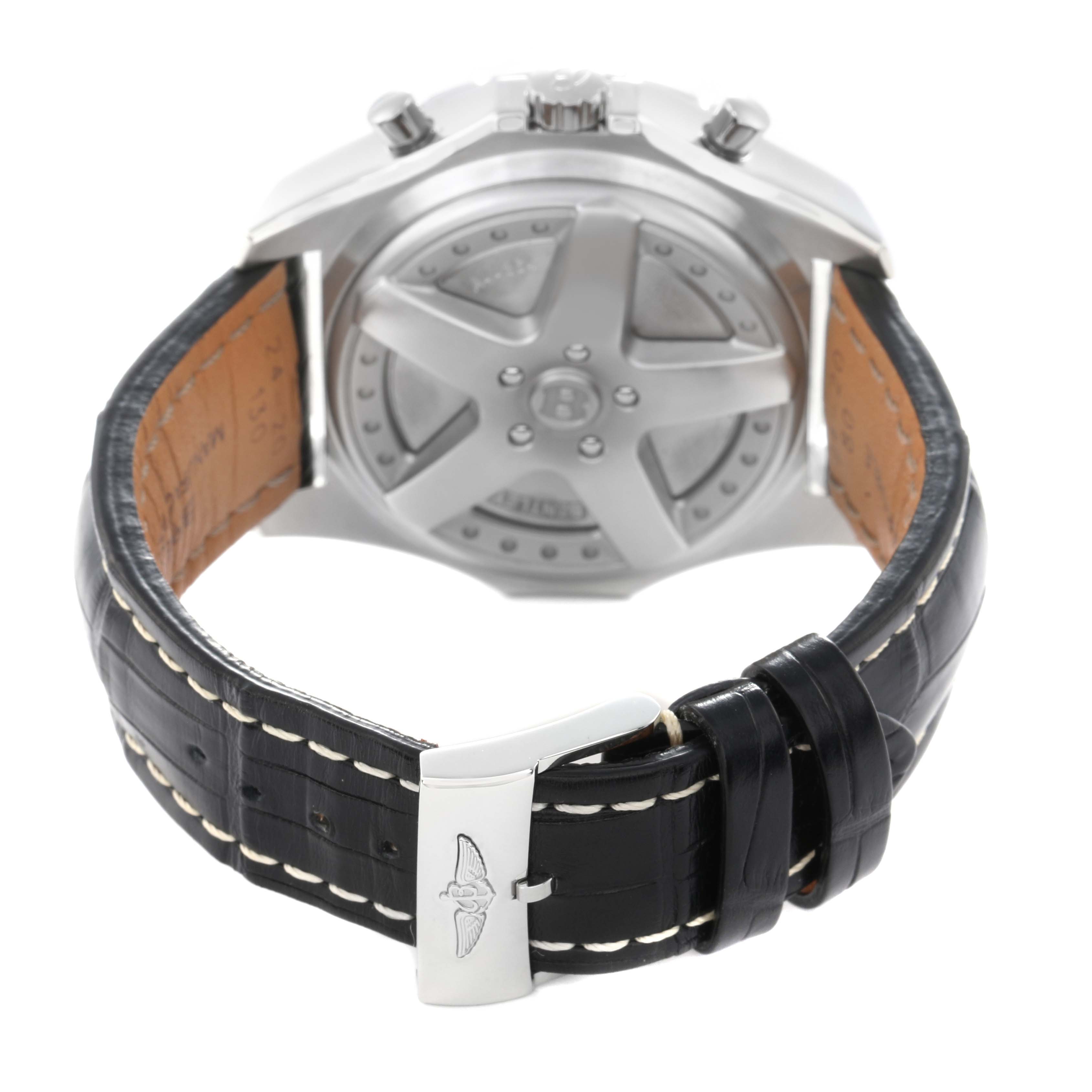This image shows the back of the Bentley model by Breitling, highlighting its case back and leather strap with a clasp.