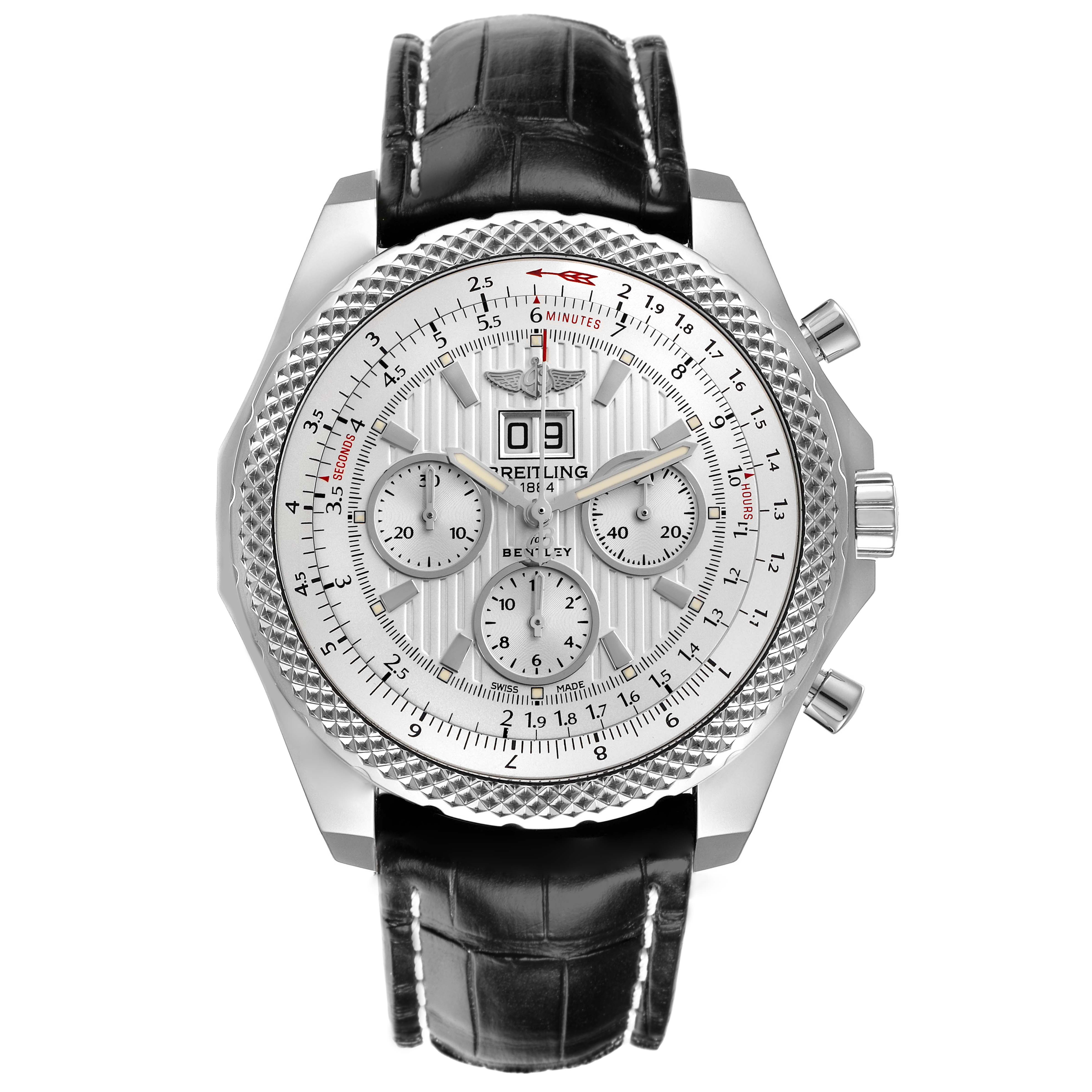 The Breitling Bentley A44364 Men
s Stainless Steel Silver Dial A44364 Men
s Stainless Steel Silver Dial watch is shown from the front, displaying its face, bezel, and strap.
