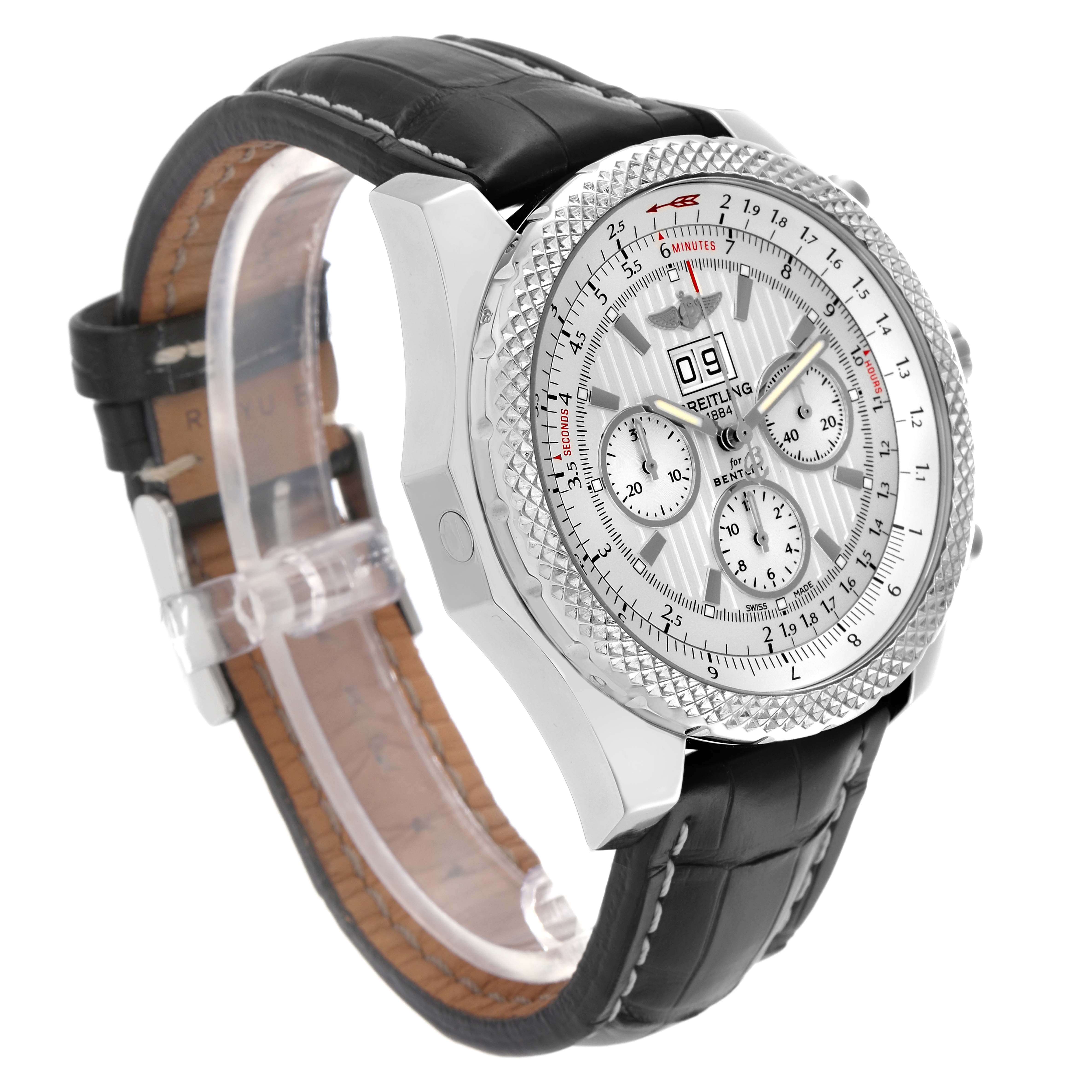 The Breitling Bentley A44364 Men
s Stainless Steel Silver Dial A44364 Men
s Stainless Steel Silver Dial watch is shown at a three-quarter angle, highlighting the dial, bezel, and black leather strap.