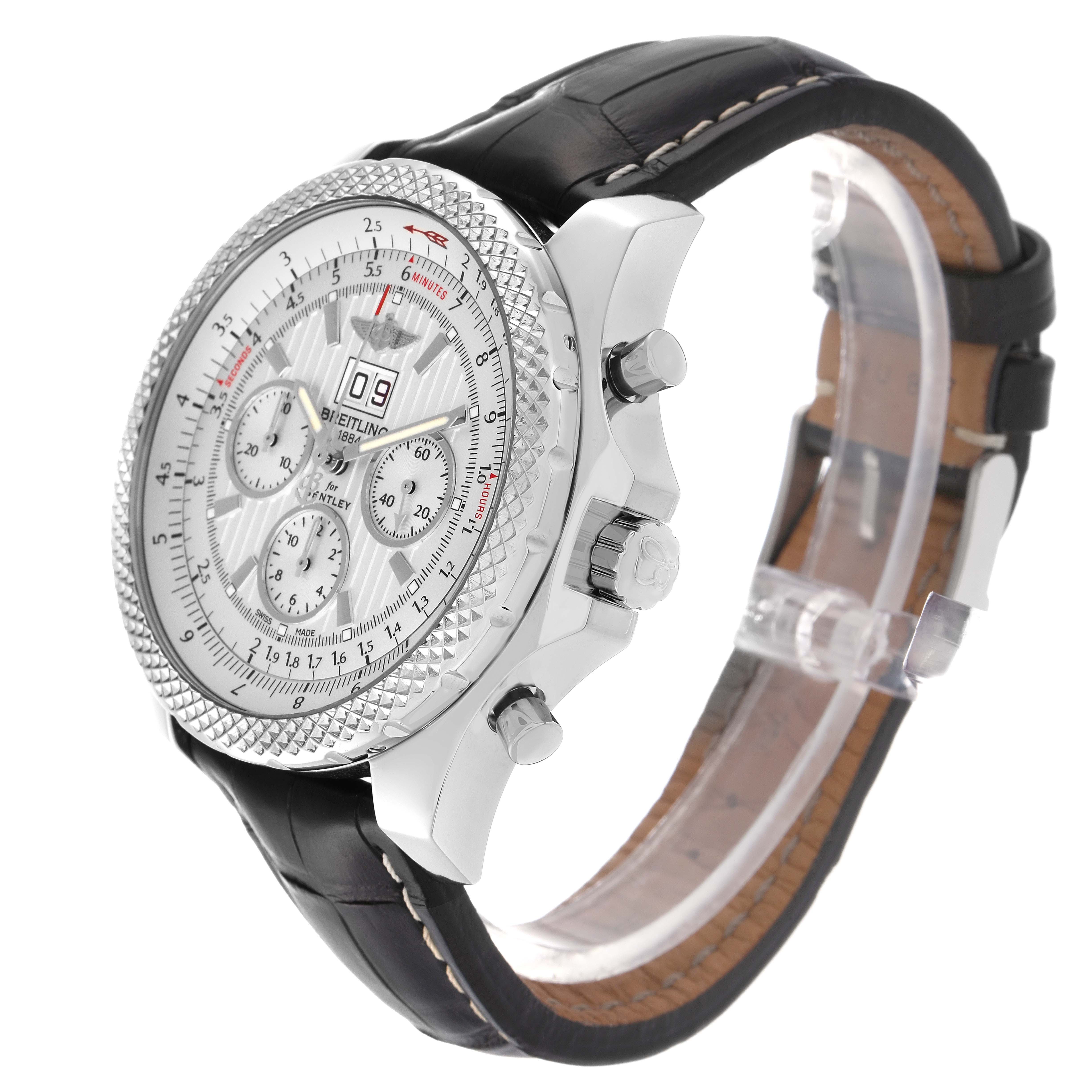 The Breitling Bentley A44364 Men
s Stainless Steel Silver Dial A44364 Men
s Stainless Steel Silver Dial watch is shown at a three-quarter angle, displaying the face, case, crown, pushers, and leather strap.