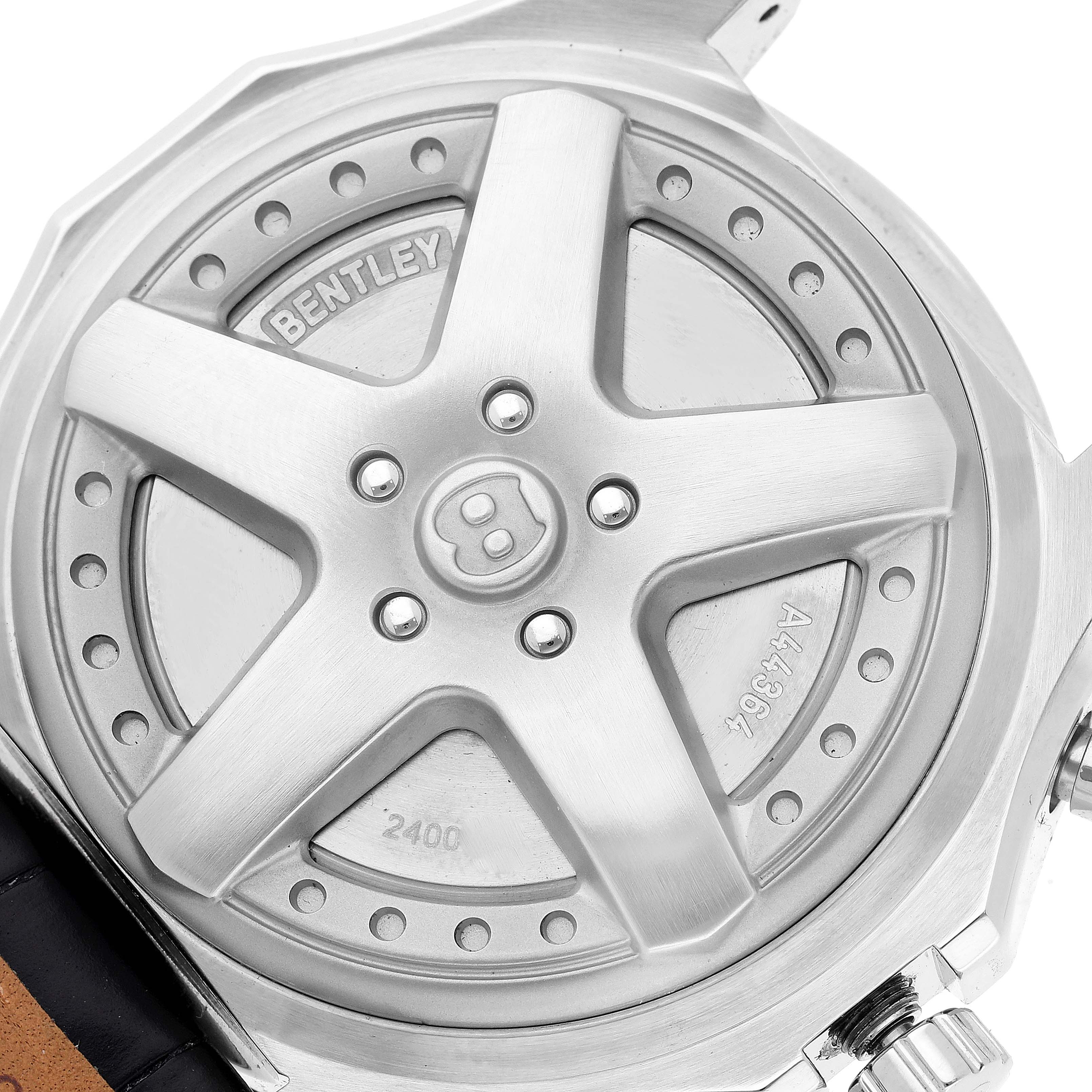 The image shows the case back of a Breitling Bentley A44364 Men
s Stainless Steel Silver Dial A44364 Men
s Stainless Steel Silver Dial watch, resembling a car wheel design.