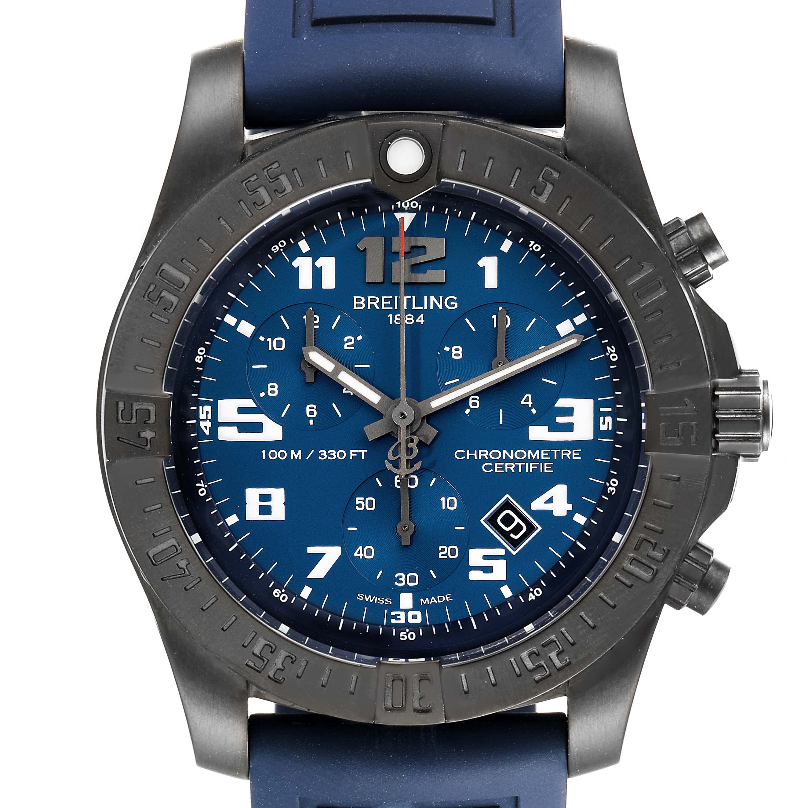 The Breitling Professional Series V13330 Men's Titanium Blue Dial V13330 Men's Titanium Blue Dial watch is shown from the front, displaying the dial, bezel, and part of the strap.