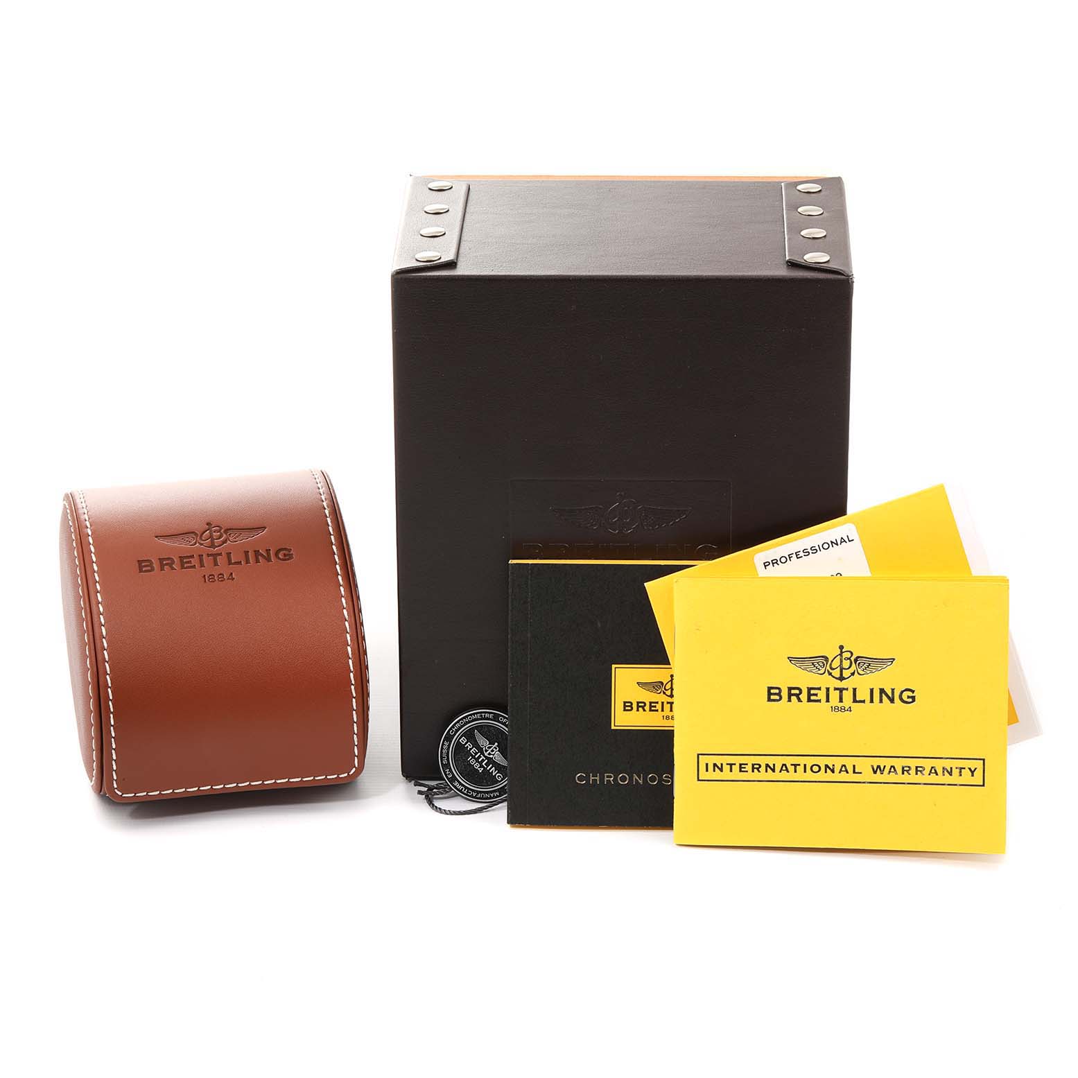 The image displays a Breitling Professional Series V13330 Men's Titanium Blue Dial V13330 Men's Titanium Blue Dial watch box with leather case, warranty booklet, manual, and identification tag.