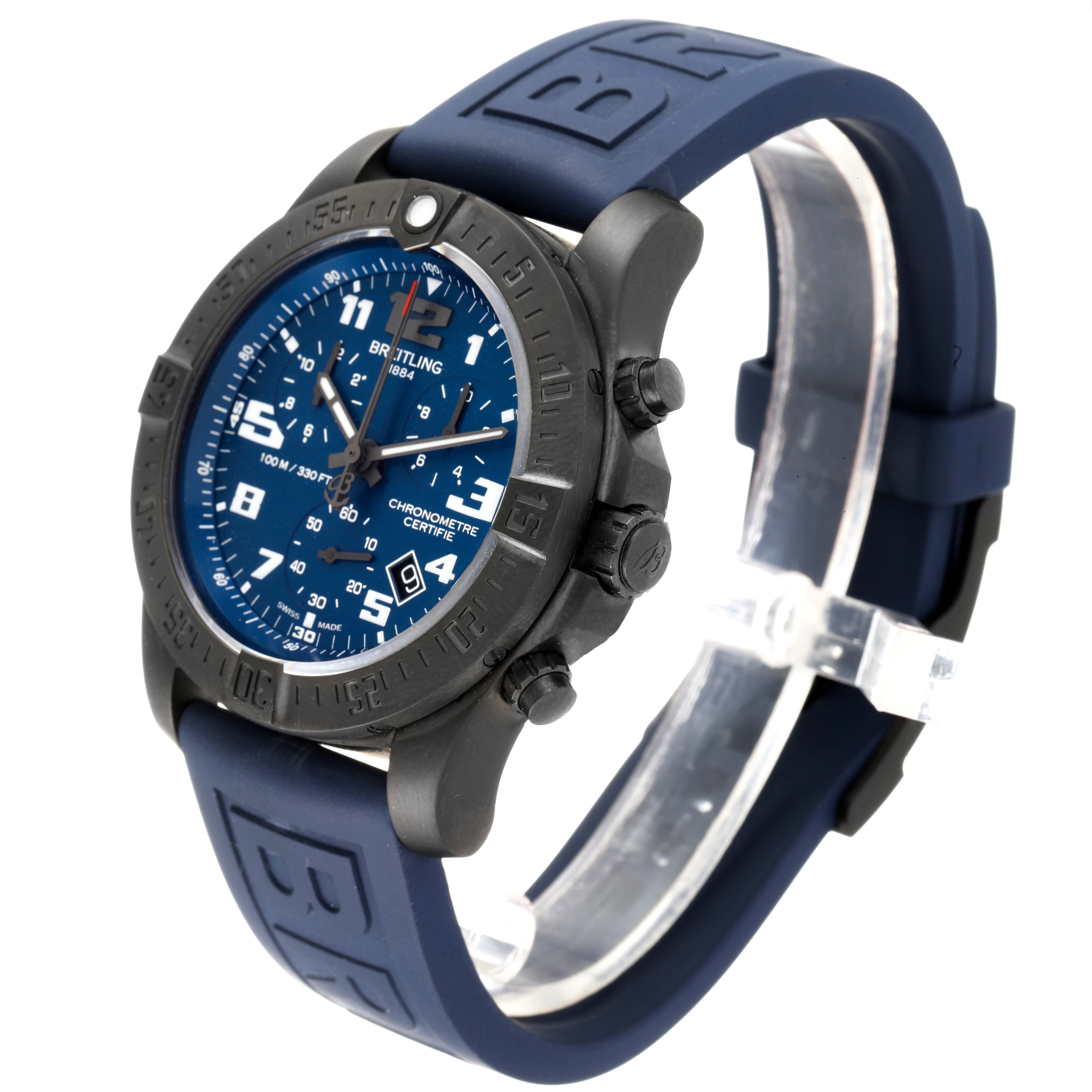 The image shows a Breitling Professional Series V13330 Men's Titanium Blue Dial V13330 Men's Titanium Blue Dial watch at a 3/4 angle, highlighting the face, bezel, and blue rubber strap.
